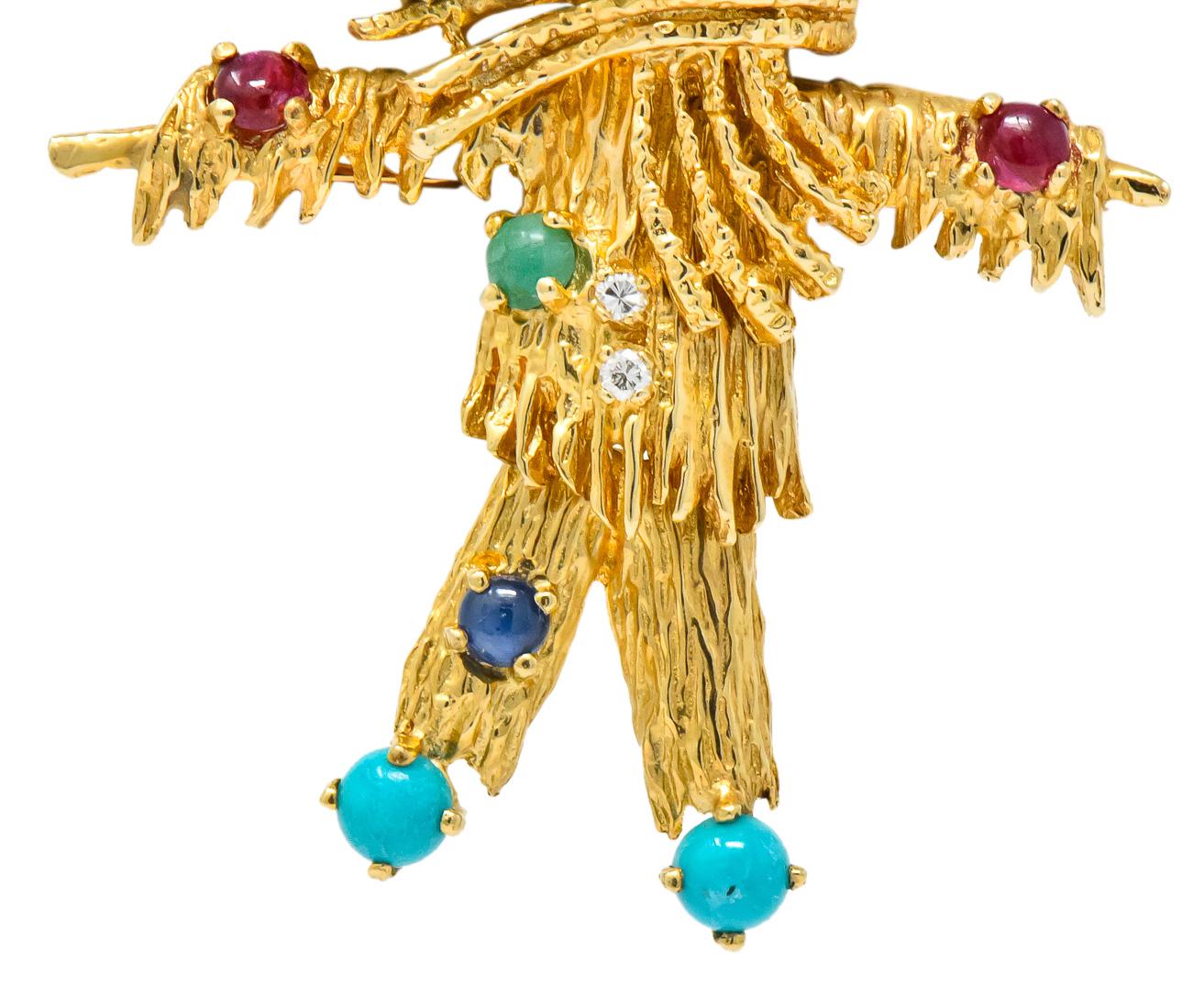 Vintage Diamond Sapphire Ruby Multi-Gem 14 Karat Gold Scarecrow Brooch In Excellent Condition In Philadelphia, PA