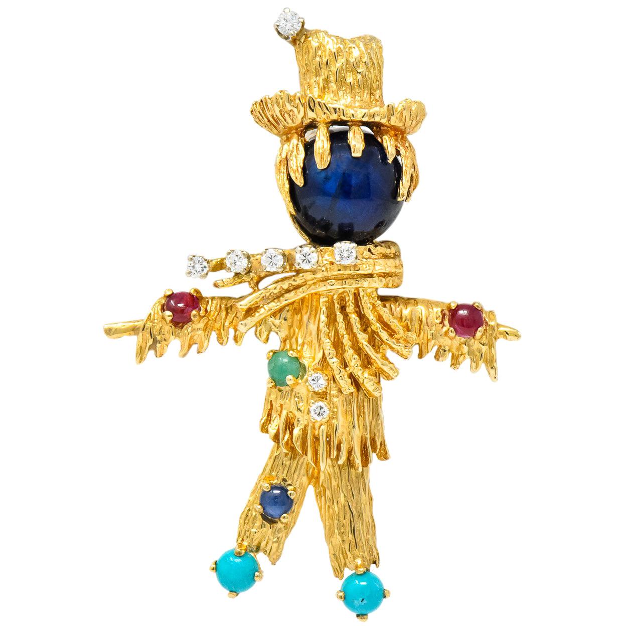 Vintage Diamond Sapphire Ruby Multi-Gem 14 Karat Gold Scarecrow Brooch