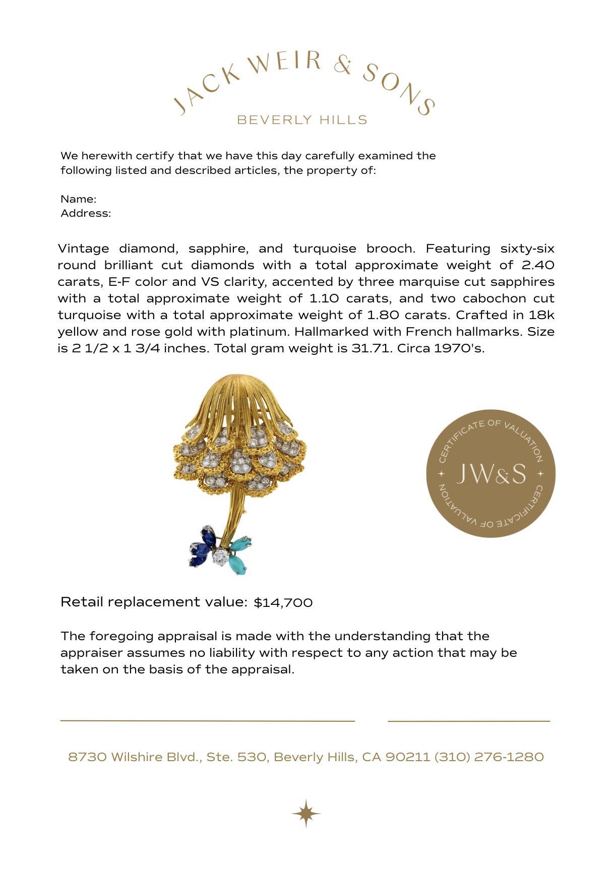 Vintage Diamant Saphir Türkis 18k Gelbgold und Platin Pilz Brosche im Zustand „Gut“ im Angebot in Beverly Hills, CA