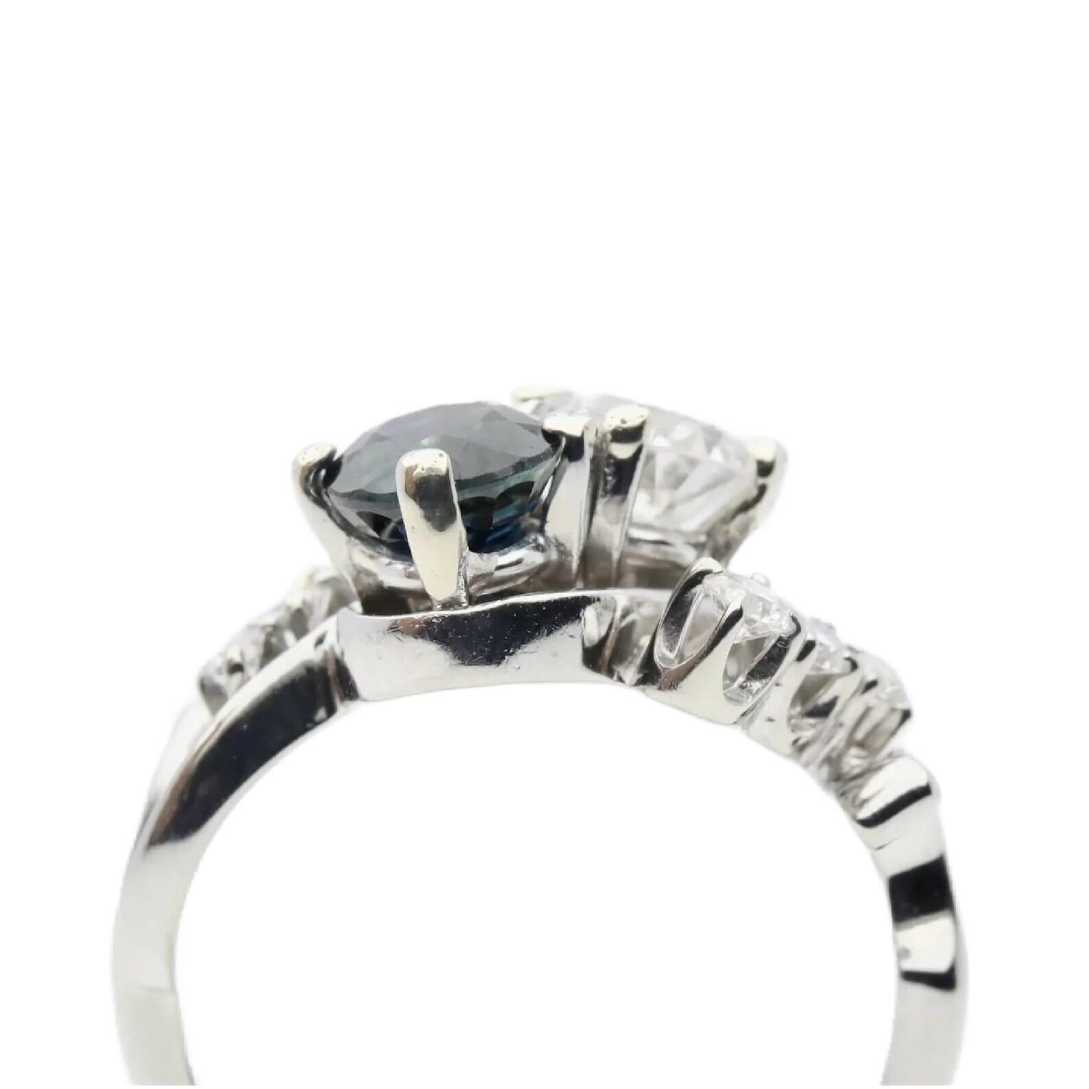 Old European Cut Vintage Diamond & Sapphire Two Stone Ring in 18K White Gold For Sale