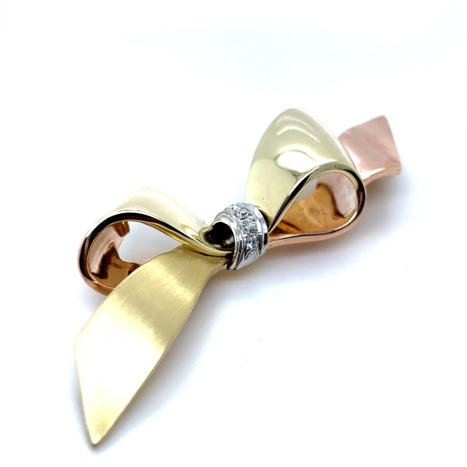 Retro Vintage Diamond Set Bow Brooch 14 Karat Yellow White Rose Gold For Sale