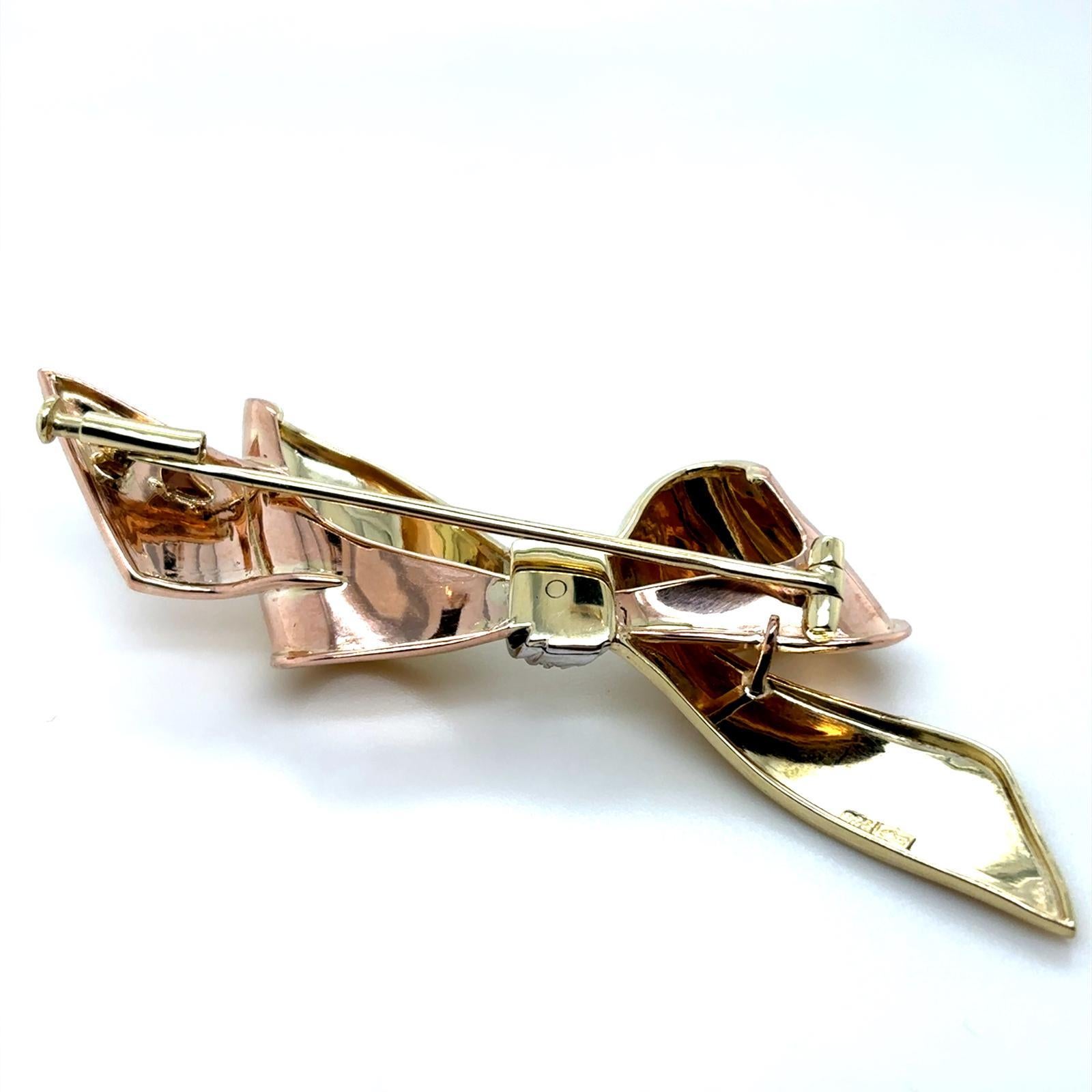 Women's Vintage Diamond Set Bow Brooch 14 Karat Yellow White Rose Gold For Sale