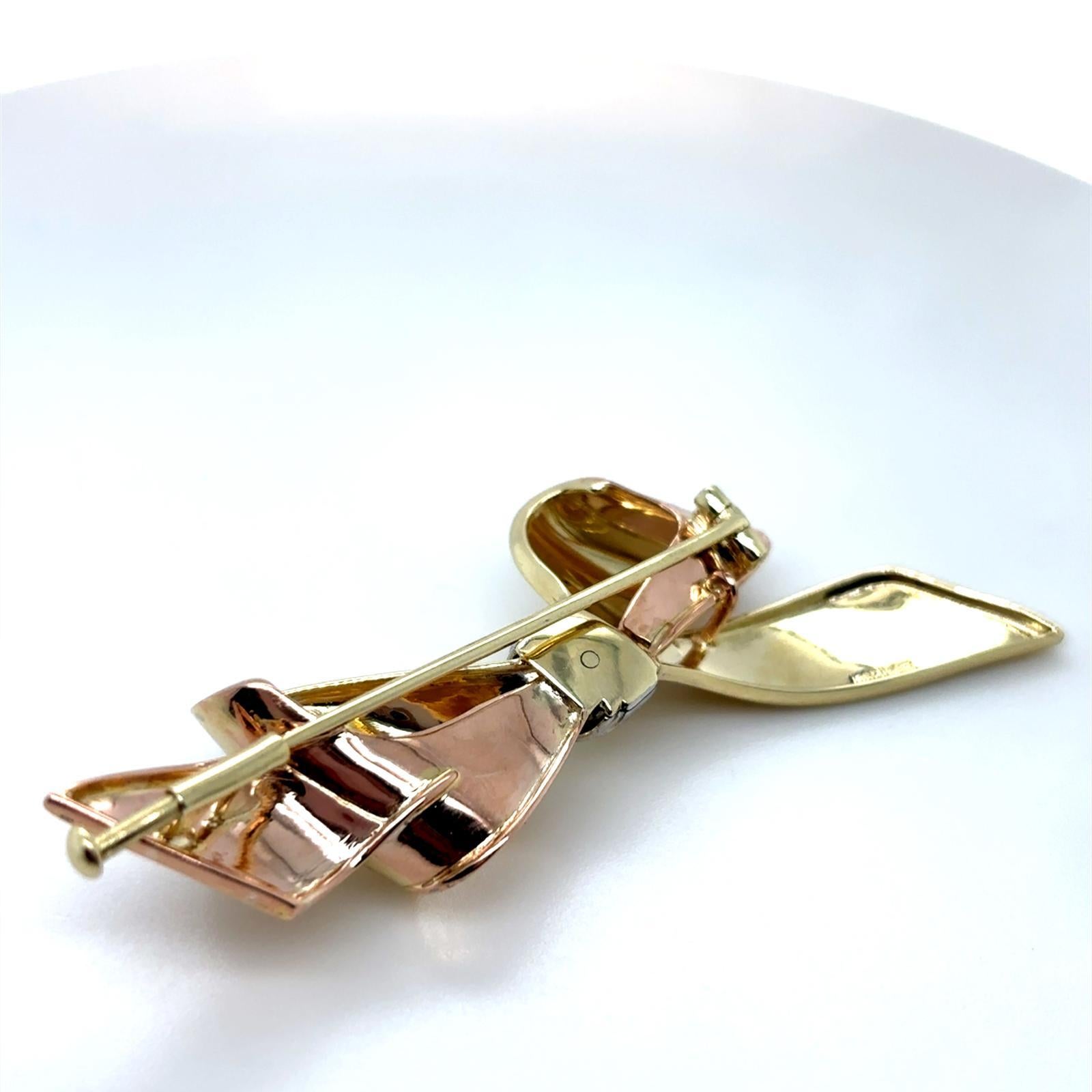 Vintage Diamond Set Bow Brooch 14 Karat Yellow White Rose Gold For Sale 3