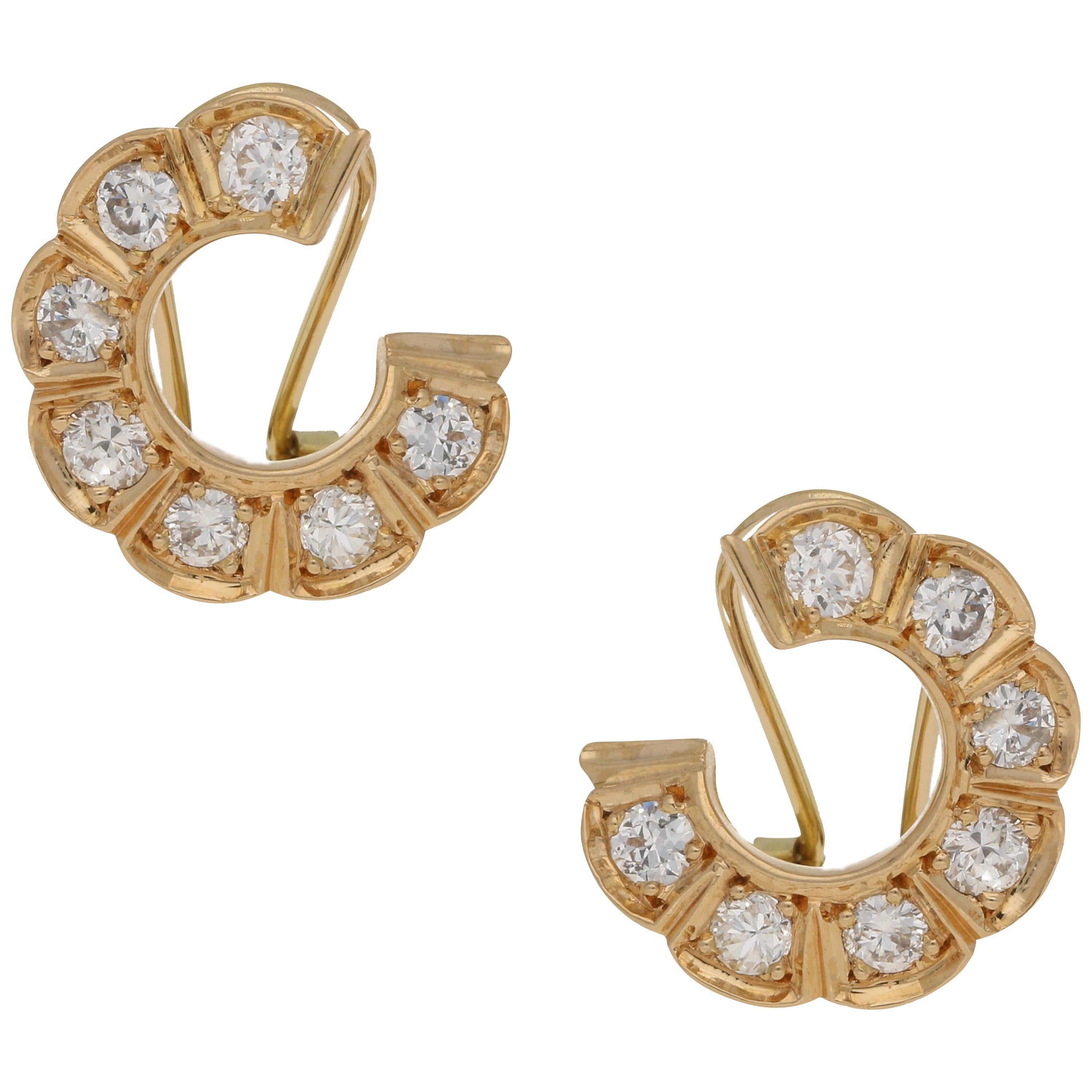 Vintage Diamond Set Circle Hoop Earrings Set in 18k Yellow Gold