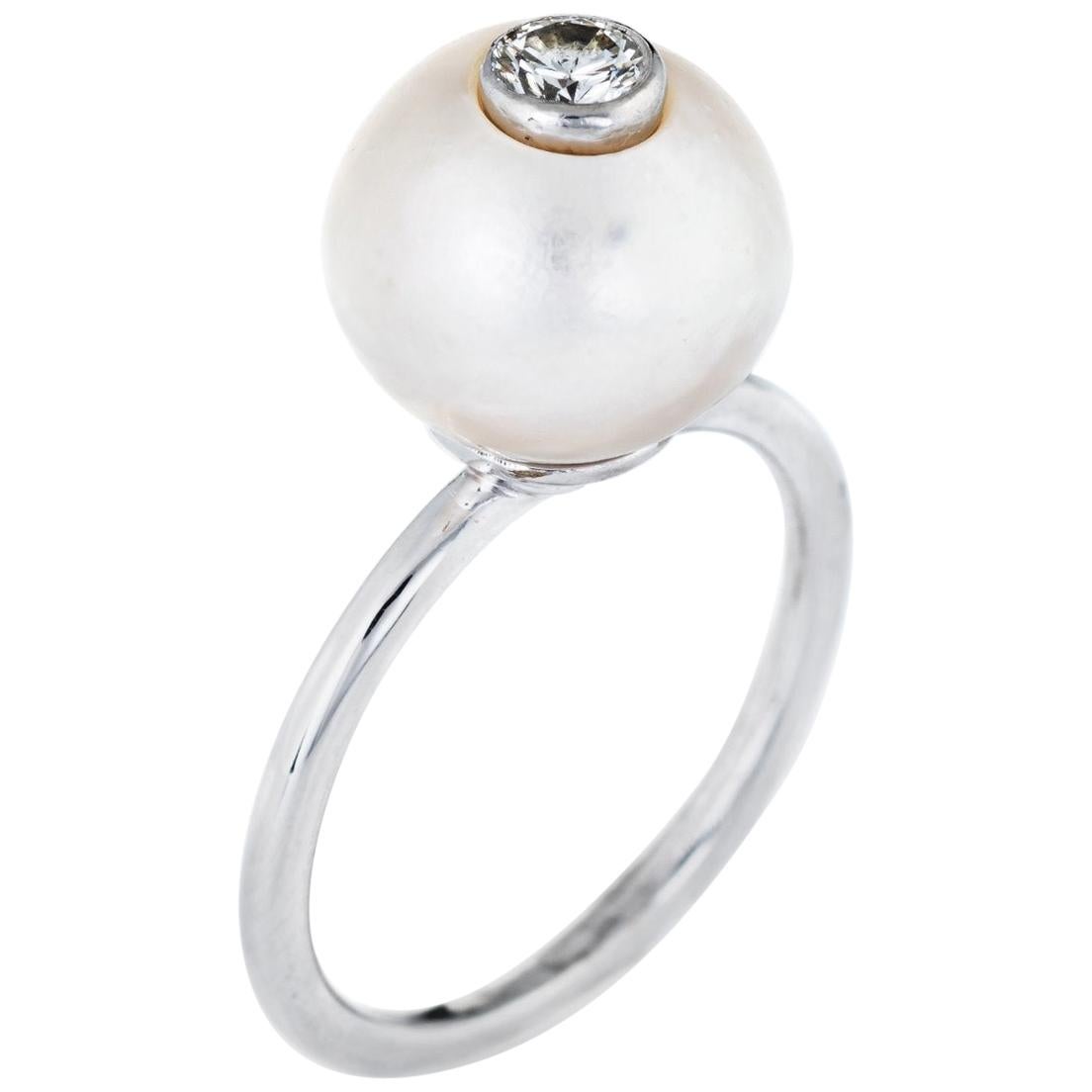 Vintage Diamond Set in Cultured Pearl Ring 14 Karat White Gold Stacking Jewelry For Sale