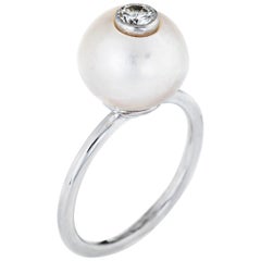 Retro Diamond Set in Cultured Pearl Ring 14 Karat White Gold Stacking Jewelry