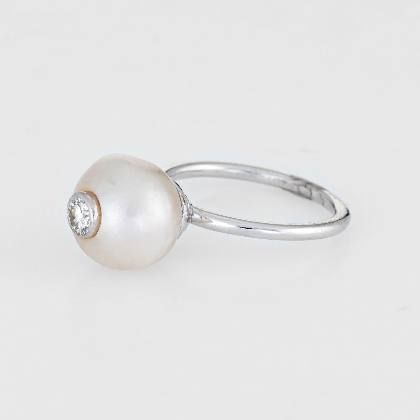 Modern Vintage Diamond Set in Cultured Pearl Ring 14 Karat White Gold Stacking Jewelry For Sale
