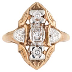 Vintage Diamond Shield Ring 14 Karat Two-Tone Yellow Gold Estate Fine Jewelry