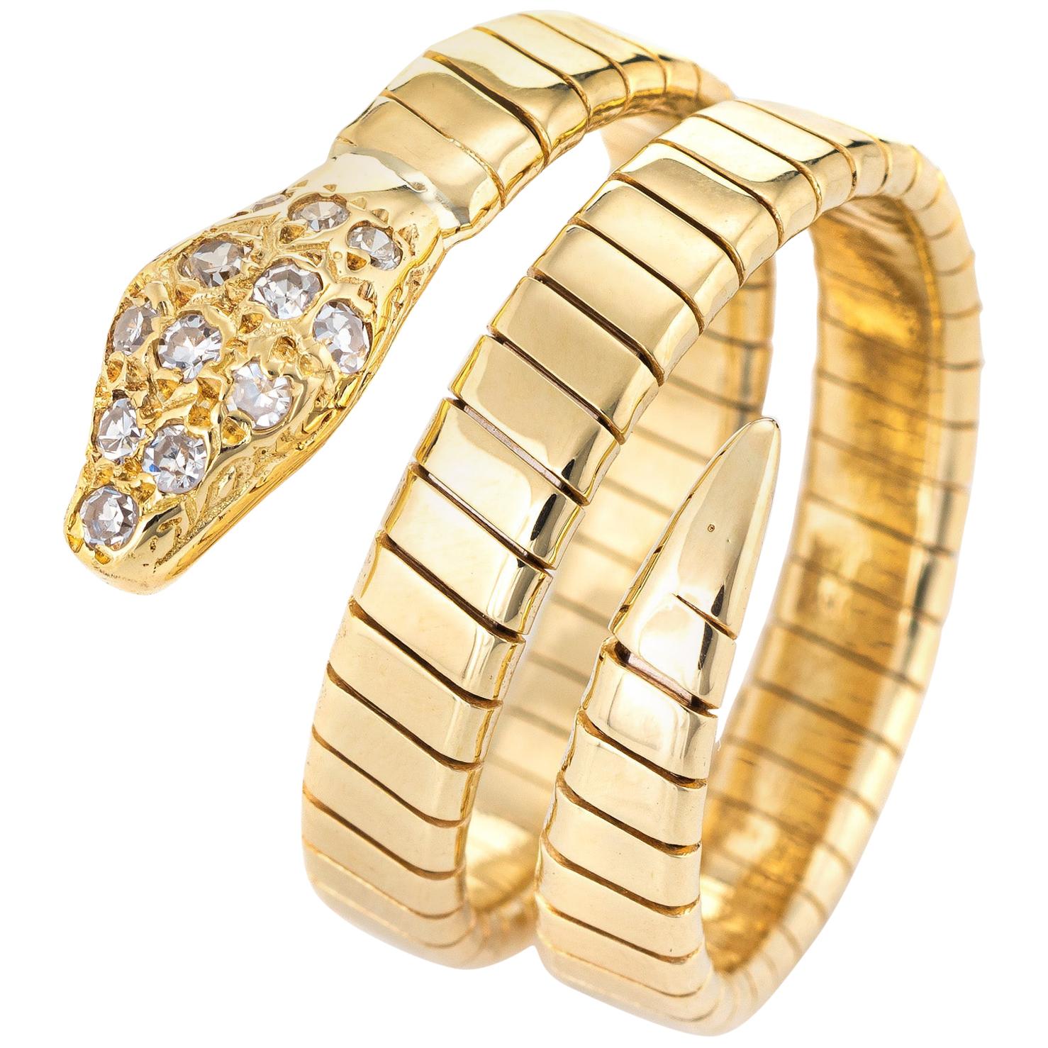 Vintage Diamond Snake Ring 18 Karat Yellow Gold Coiled Band Estate Fine Jewelry