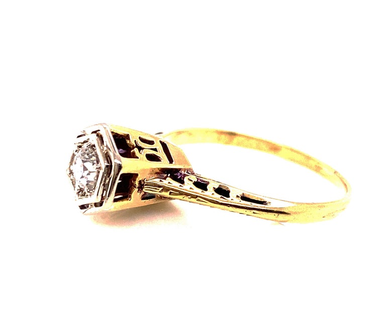 Bague Fiançailles Art Déco Or Jaune 14k Avec Diamant Solitaire 0.22ct - Vintage Taille 6.5
