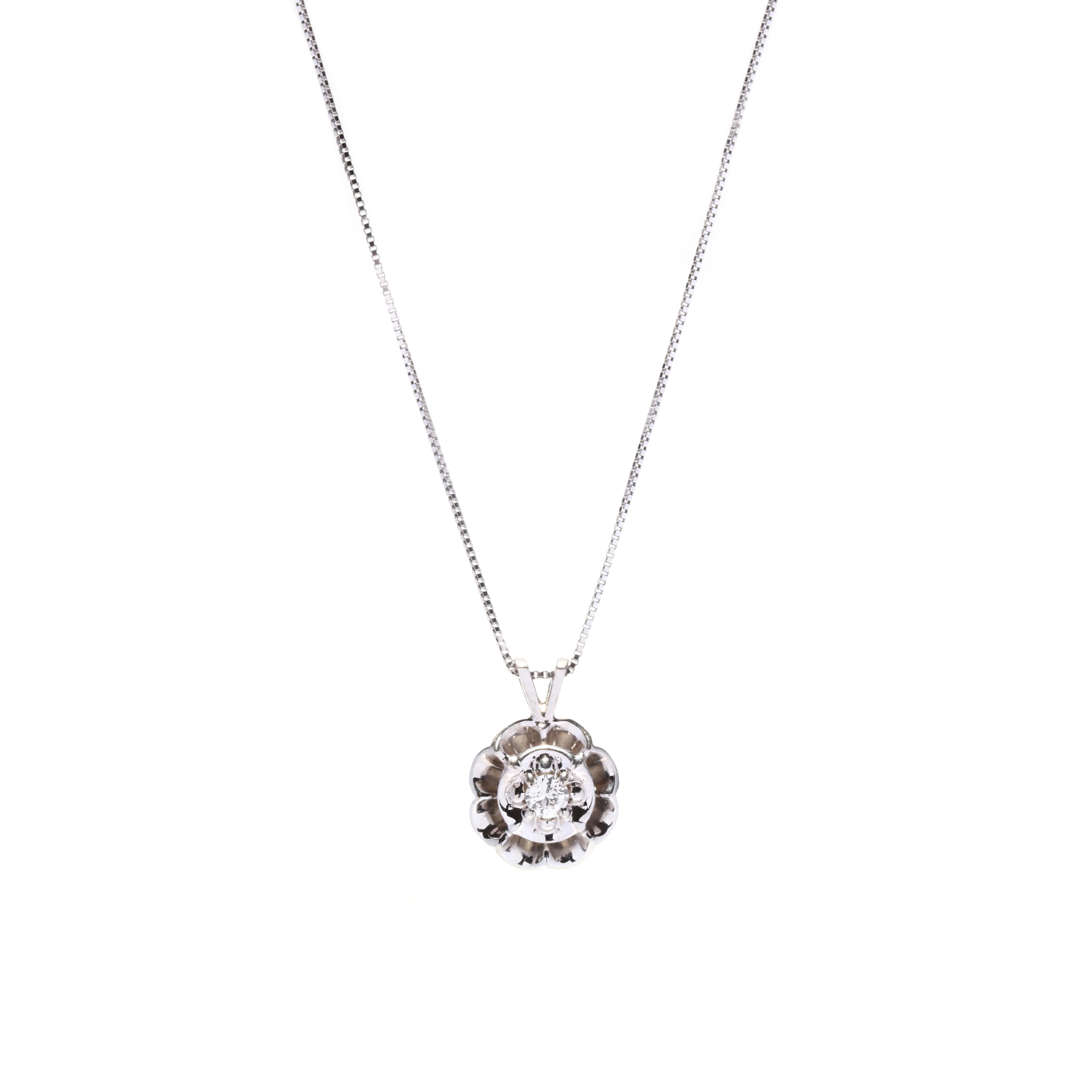 Round Cut Vintage Diamond Solitaire Necklace, 14KT White Gold, Diamond Flower Necklace