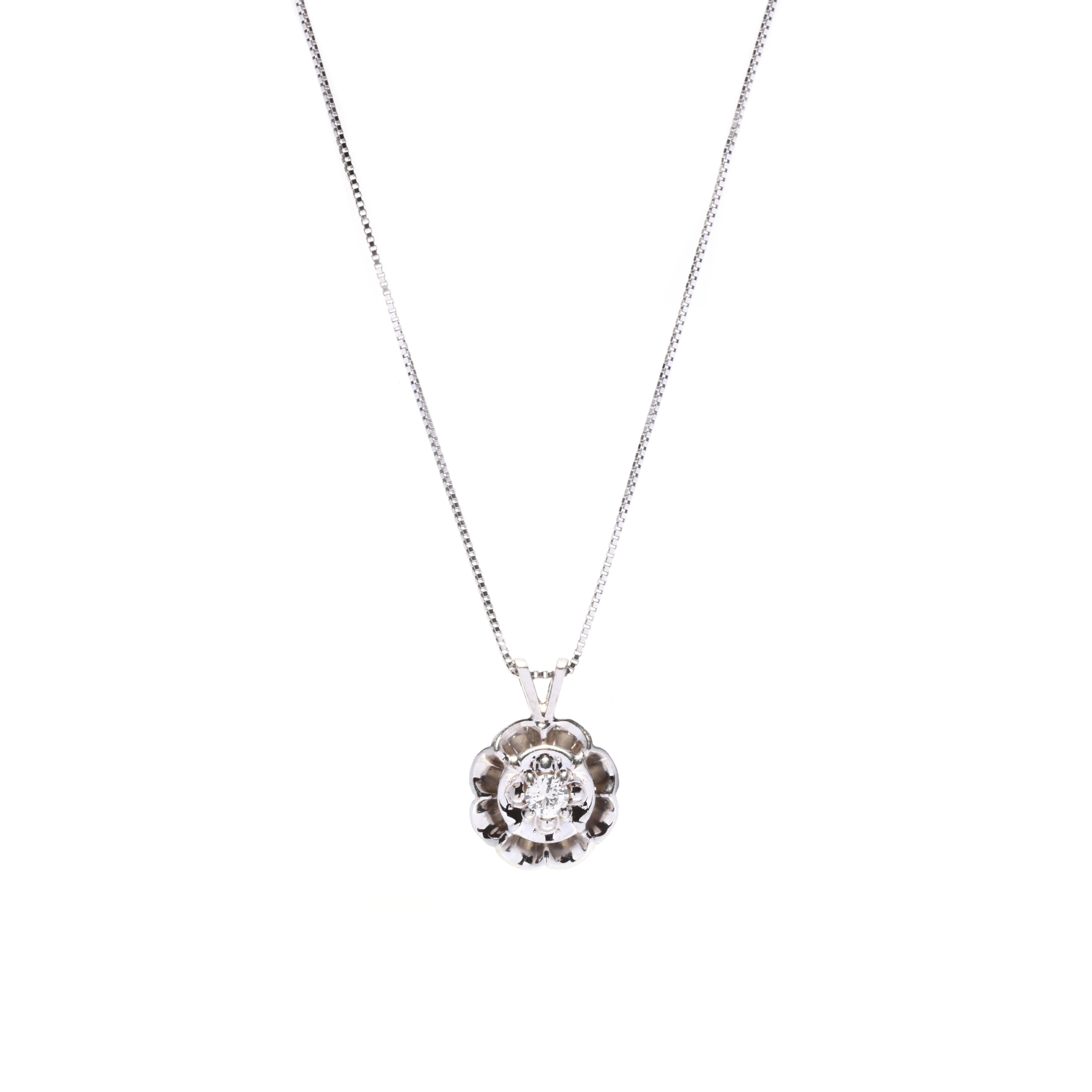 Vintage Diamond Solitaire Necklace, 14KT White Gold, Diamond Flower