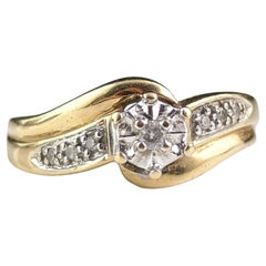 Vintage Diamond solitaire ring, 9k yellow gold, crossover 