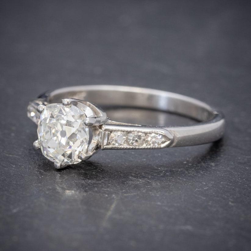 Antique Cushion Cut Vintage Diamond Solitaire Ring in 1.25ct Diamond For Sale