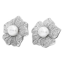 Diamant-Südseeperlen-Blume 18K Weißgold , Clip-On/Klappbar
