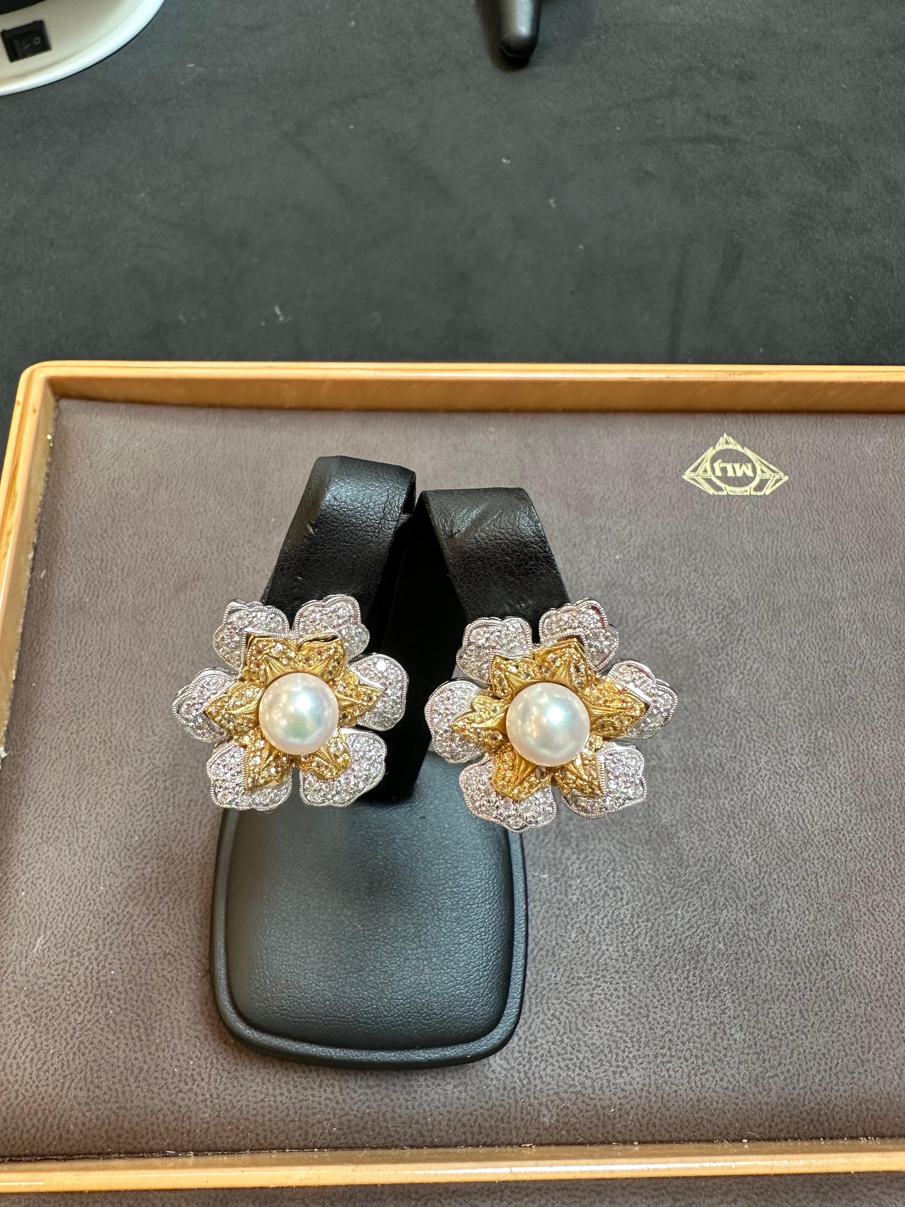 Vintage Diamond South Sea Pearl Platinum Large Flower Clip on Earrings, Two Tone For Sale 5
