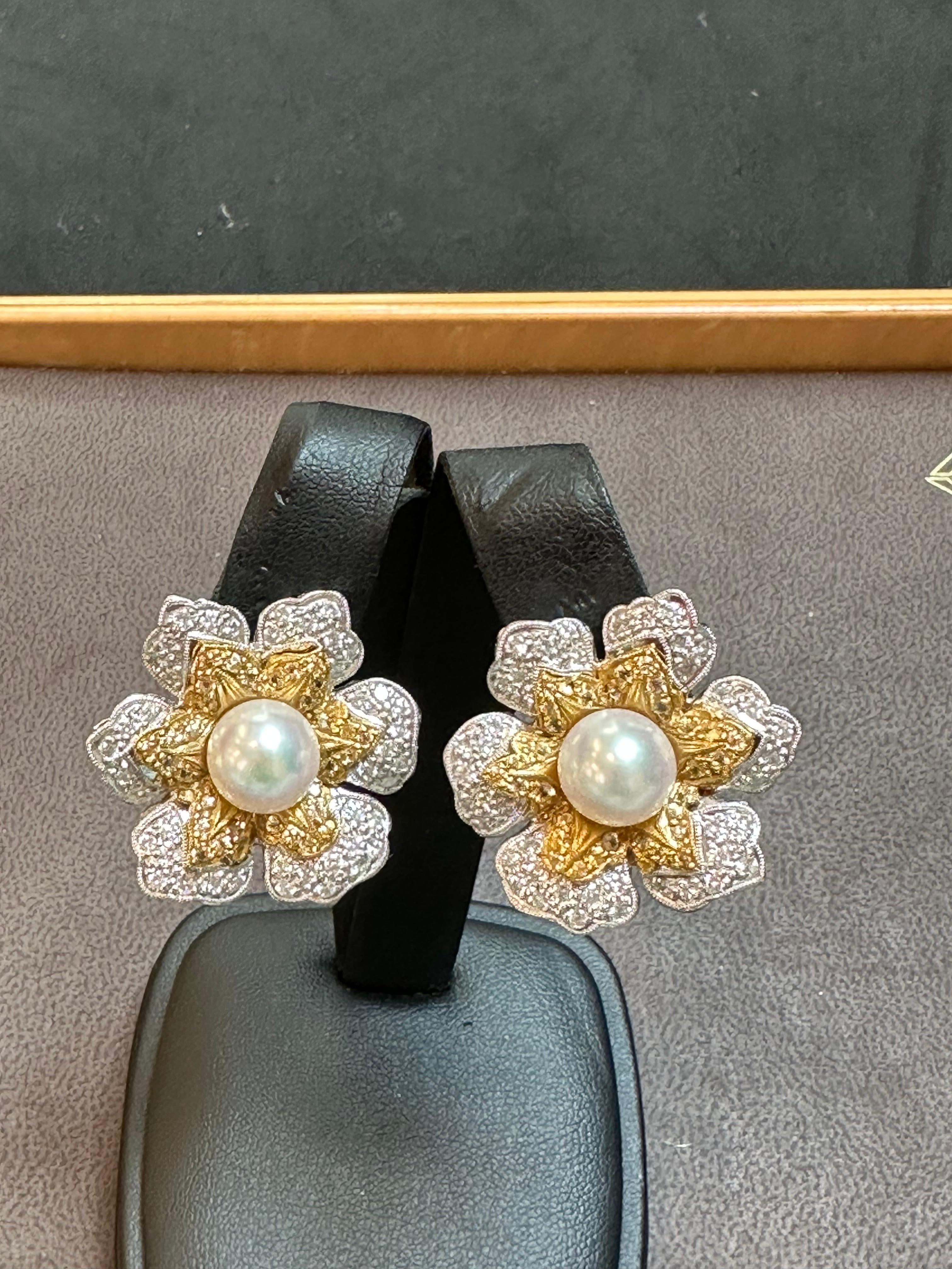 Vintage Diamond South Sea Pearl Platinum Large Flower Clip on Earrings, Two Tone For Sale 6