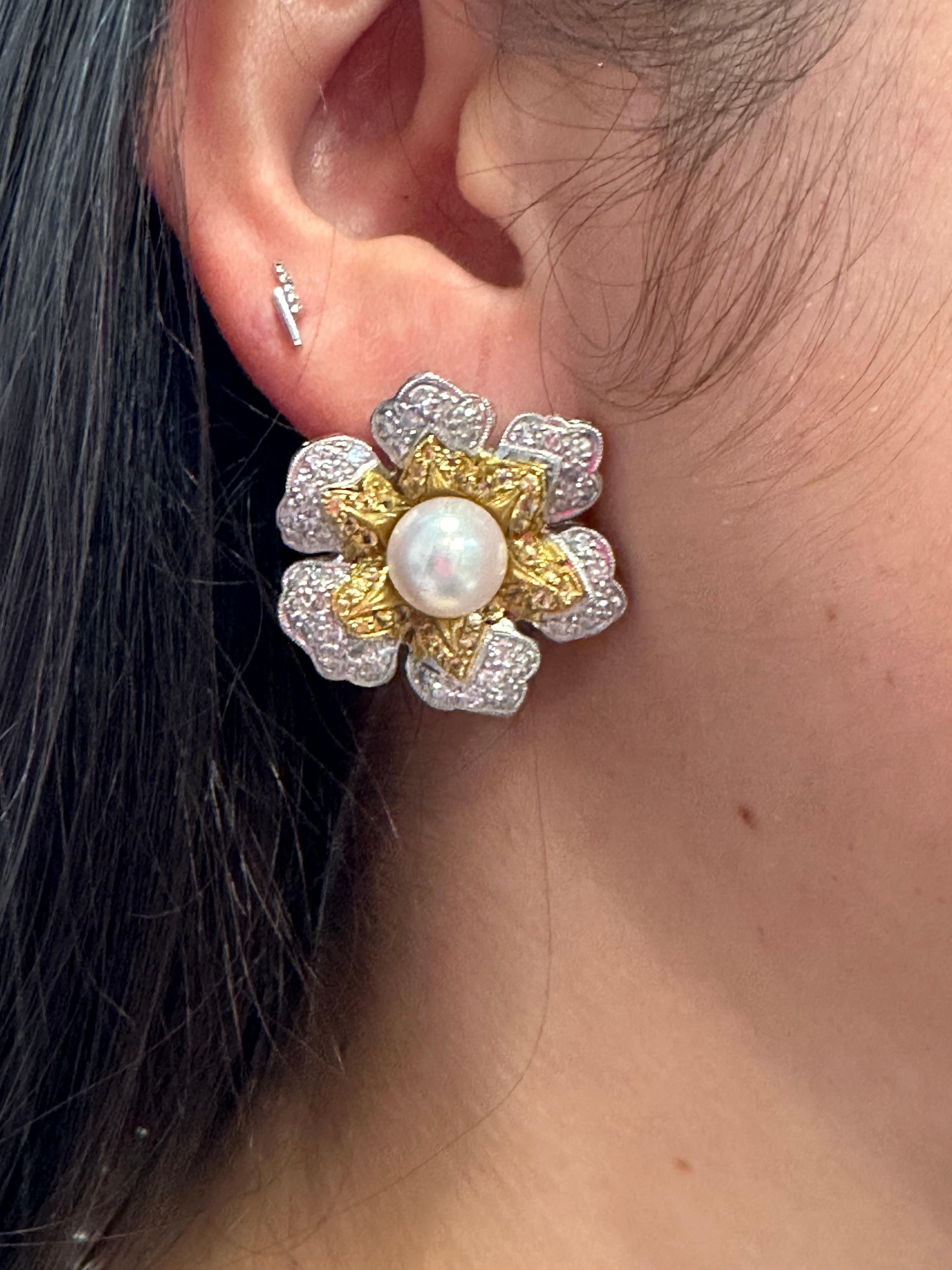 Vintage Diamond South Sea Pearl Platinum Large Flower Clip on Earrings, Two Tone For Sale 7