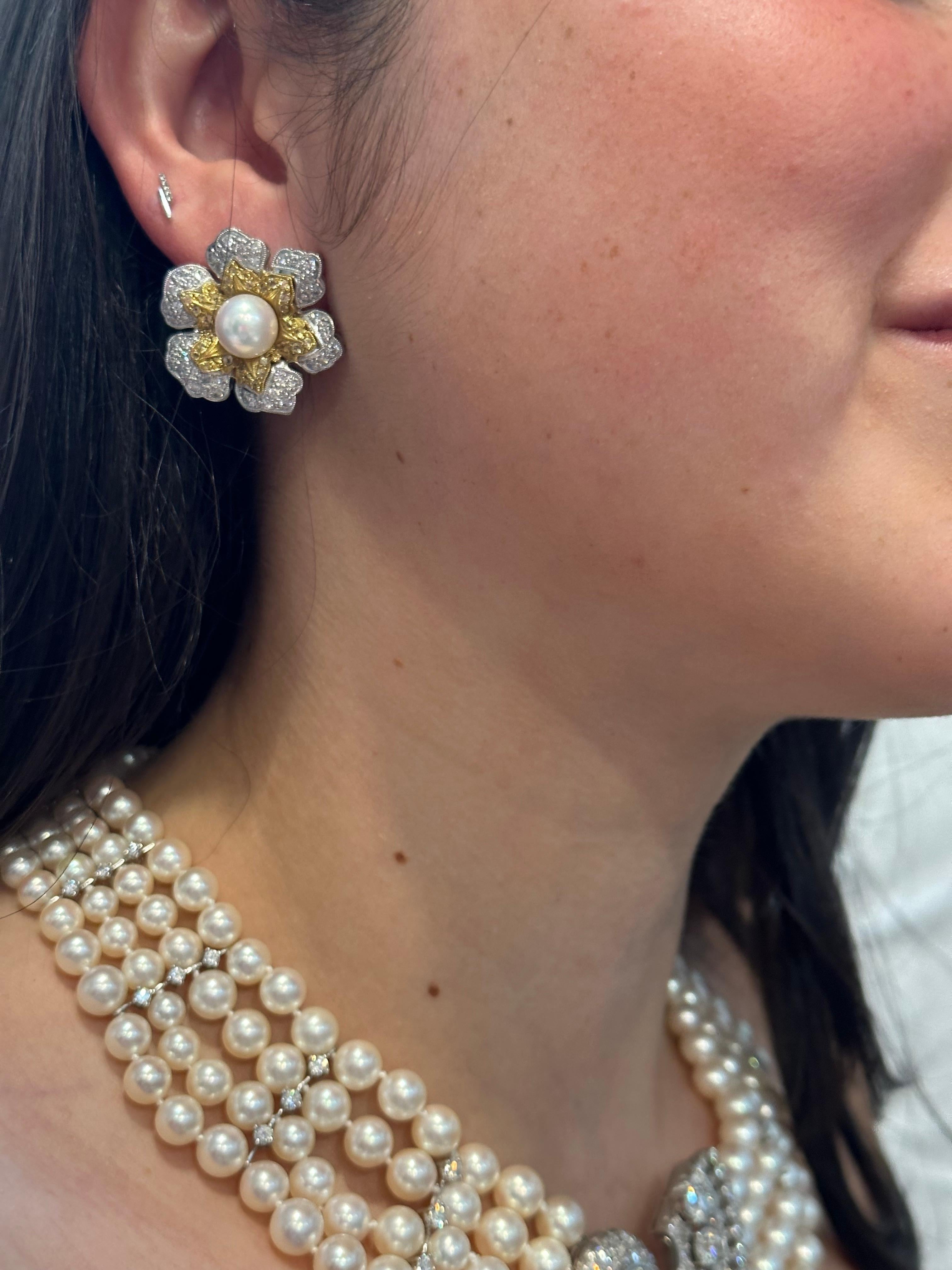 Vintage Diamond South Sea Pearl Platinum Large Flower Clip on Earrings, Two Tone For Sale 9