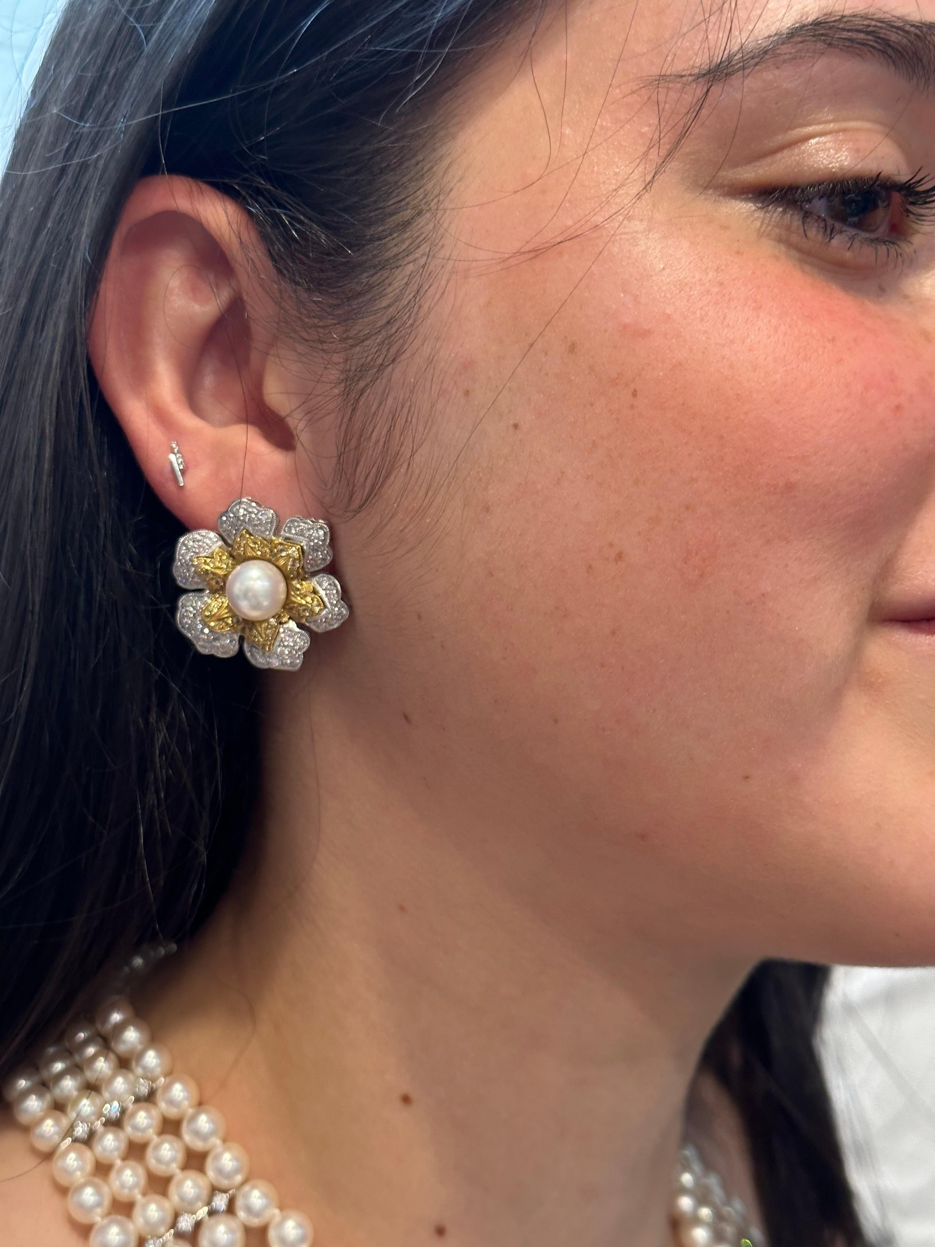 Vintage Diamond South Sea Pearl Platinum Large Flower Clip on Earrings, Two Tone For Sale 10