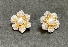 Vintage Diamond South Sea Pearl Platinum Large Flower Clip on Earrings, Two Tone