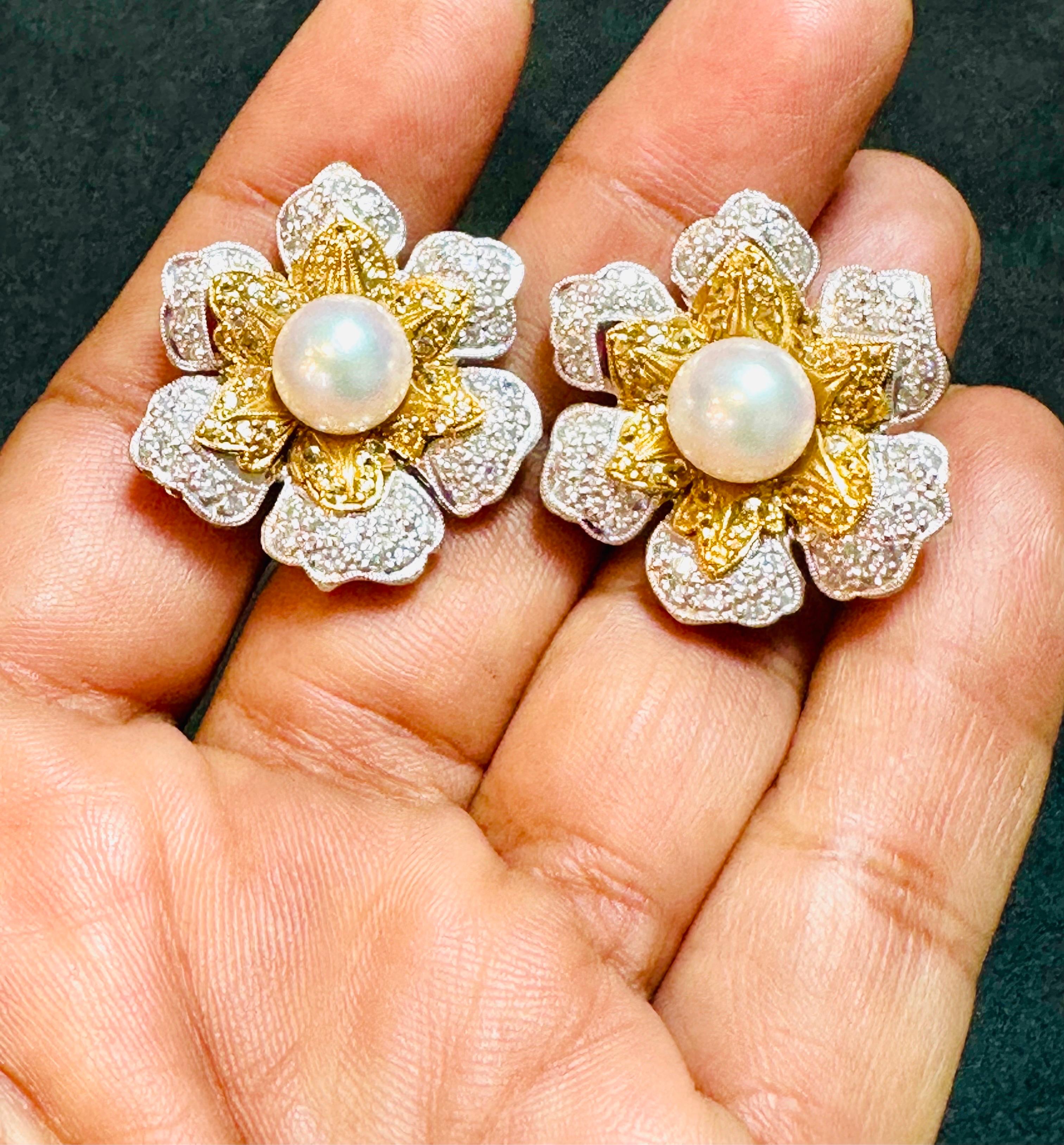 Round Cut Vintage Diamond South Sea Pearl Platinum Large Flower Clip on Earrings, Two Tone For Sale