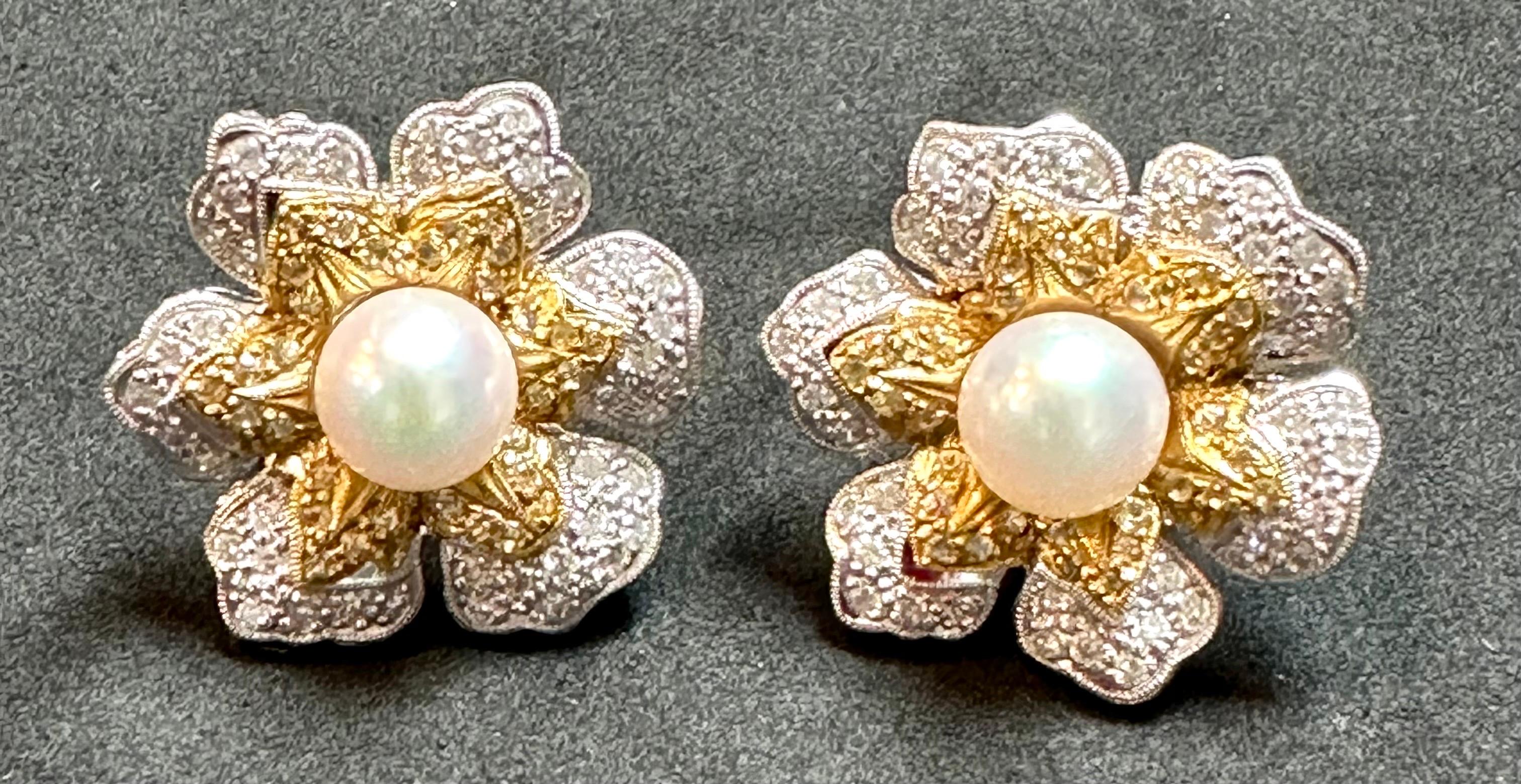 Women's Vintage Diamond South Sea Pearl Platinum Large Flower Clip on Earrings, Two Tone For Sale