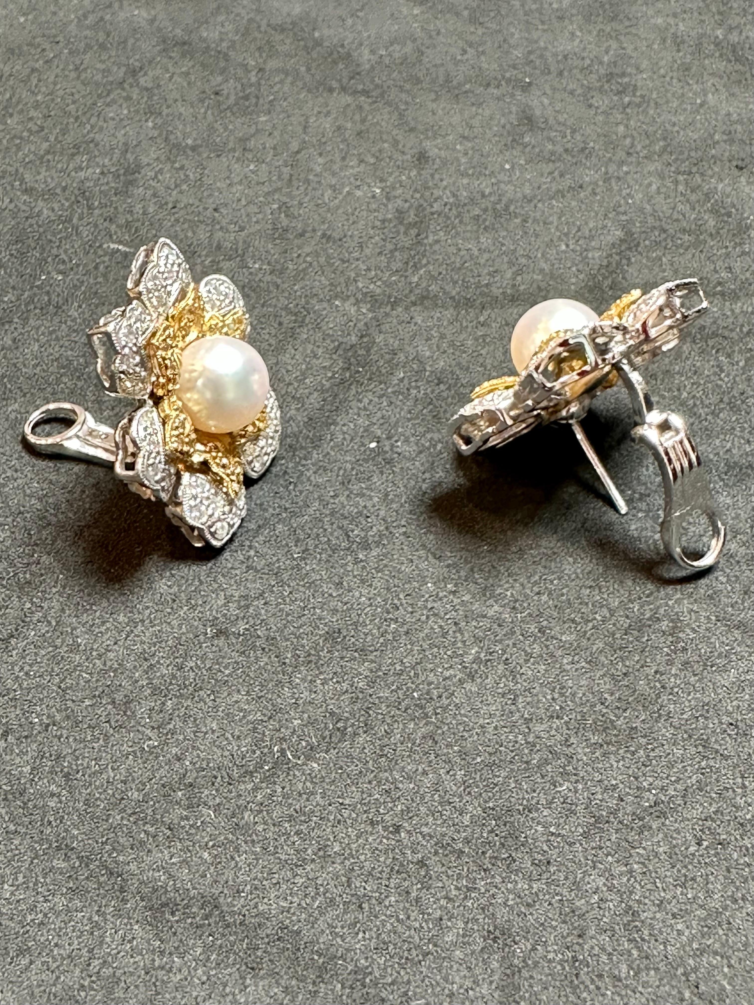 Vintage Diamond South Sea Pearl Platinum Large Flower Clip on Earrings, Two Tone For Sale 1