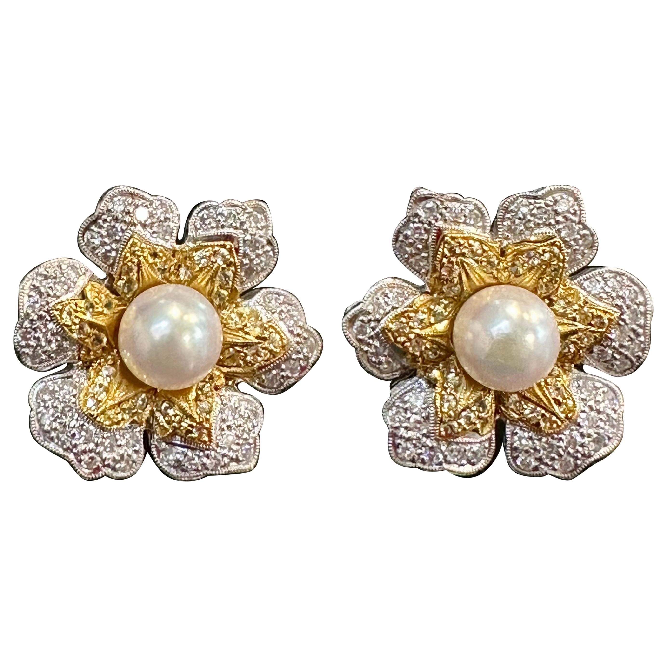 Vintage Diamant-Südseeperlen-Platin-Ohrclips mit großem Blumenmuster, zweifarbig