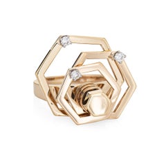 Vintage Diamond Spinning Ring Kinetic 14k Gold Geometric 3 Level Spinner
