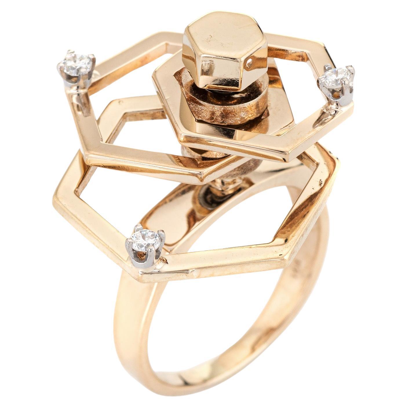 Vintage Diamond Spinning Ring Kinetic 14k Gold Geometric 3 Level Spinner