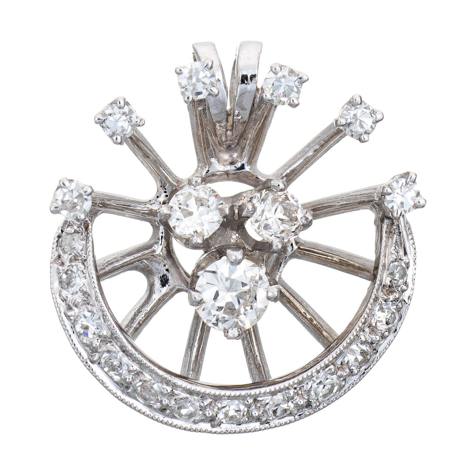 Vintage Diamond Starburst Pendant 14 Karat White Gold Small Round Estate Jewelry For Sale