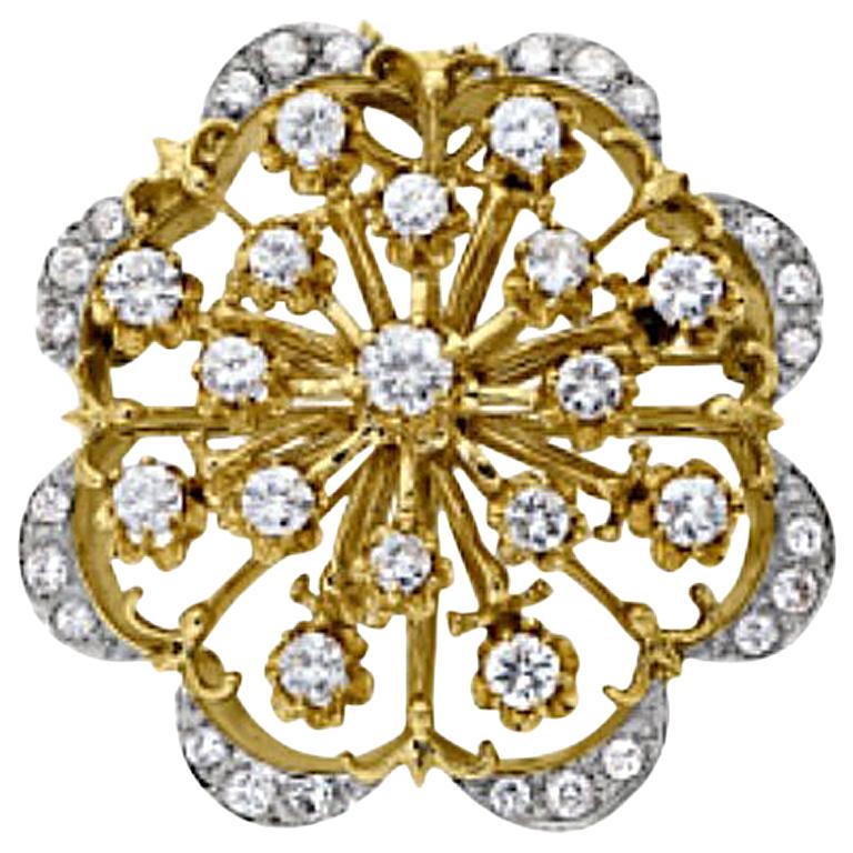 Vintage Diamond Starburst style Pin/Pendant Made From 14K White and Yellow Gold