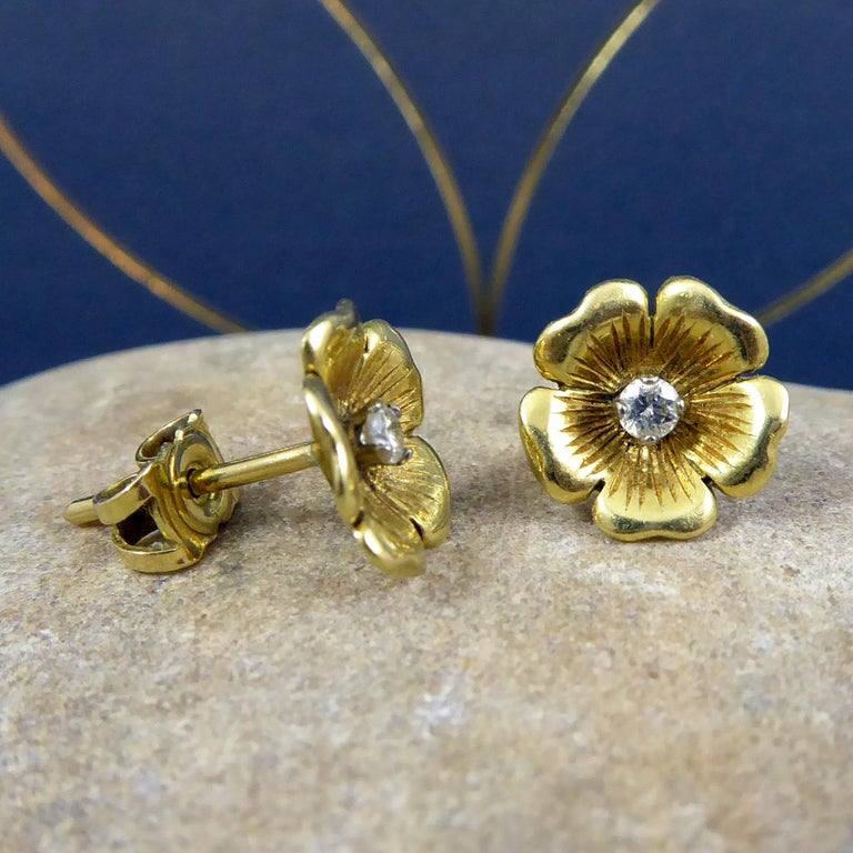 Vintage Diamond Stud Earrings in 18 Carat Yellow Gold Floral Setting at