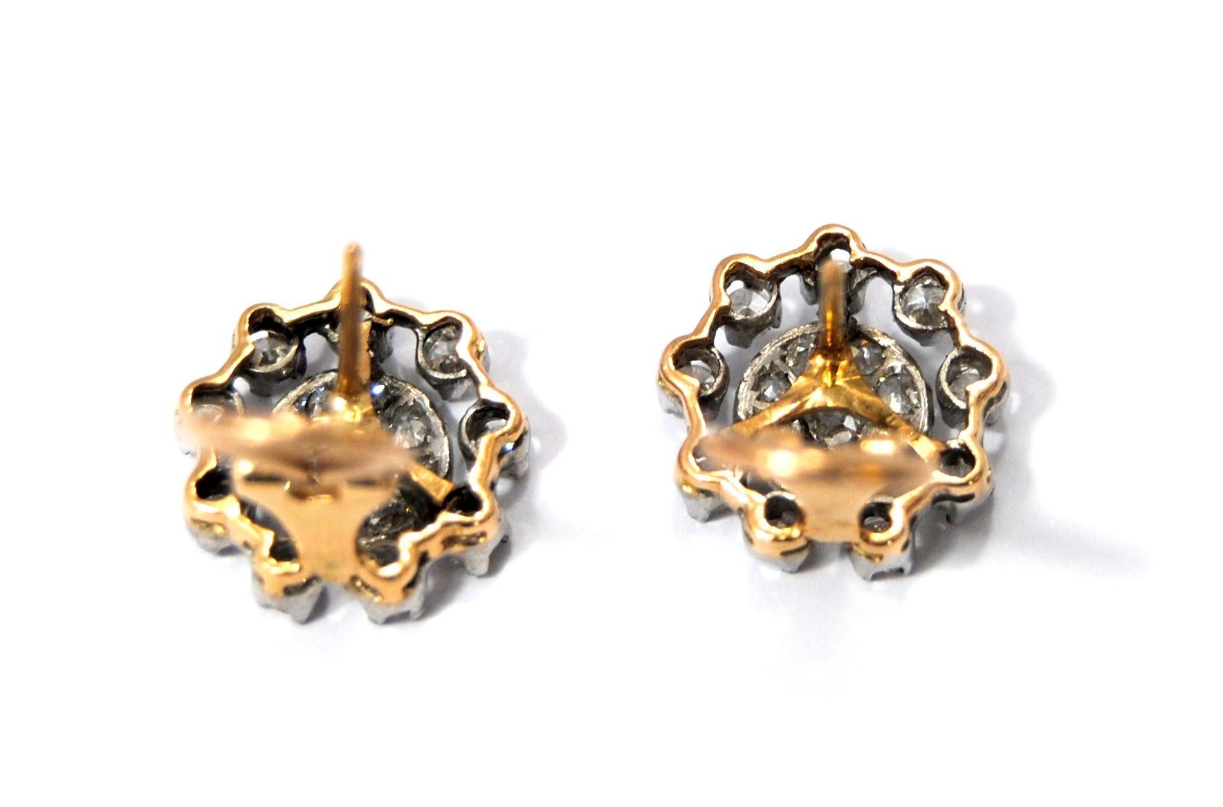 Art Nouveau Vintage Diamond Stud Earrings in 18 Karat White and Rose Gold