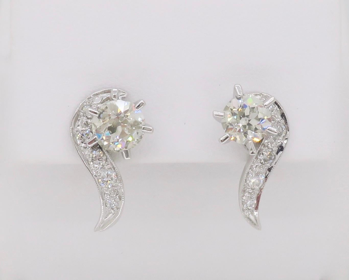 Old European Cut Vintage Diamond Stud Earrings with 2.62CTW of Diamonds For Sale