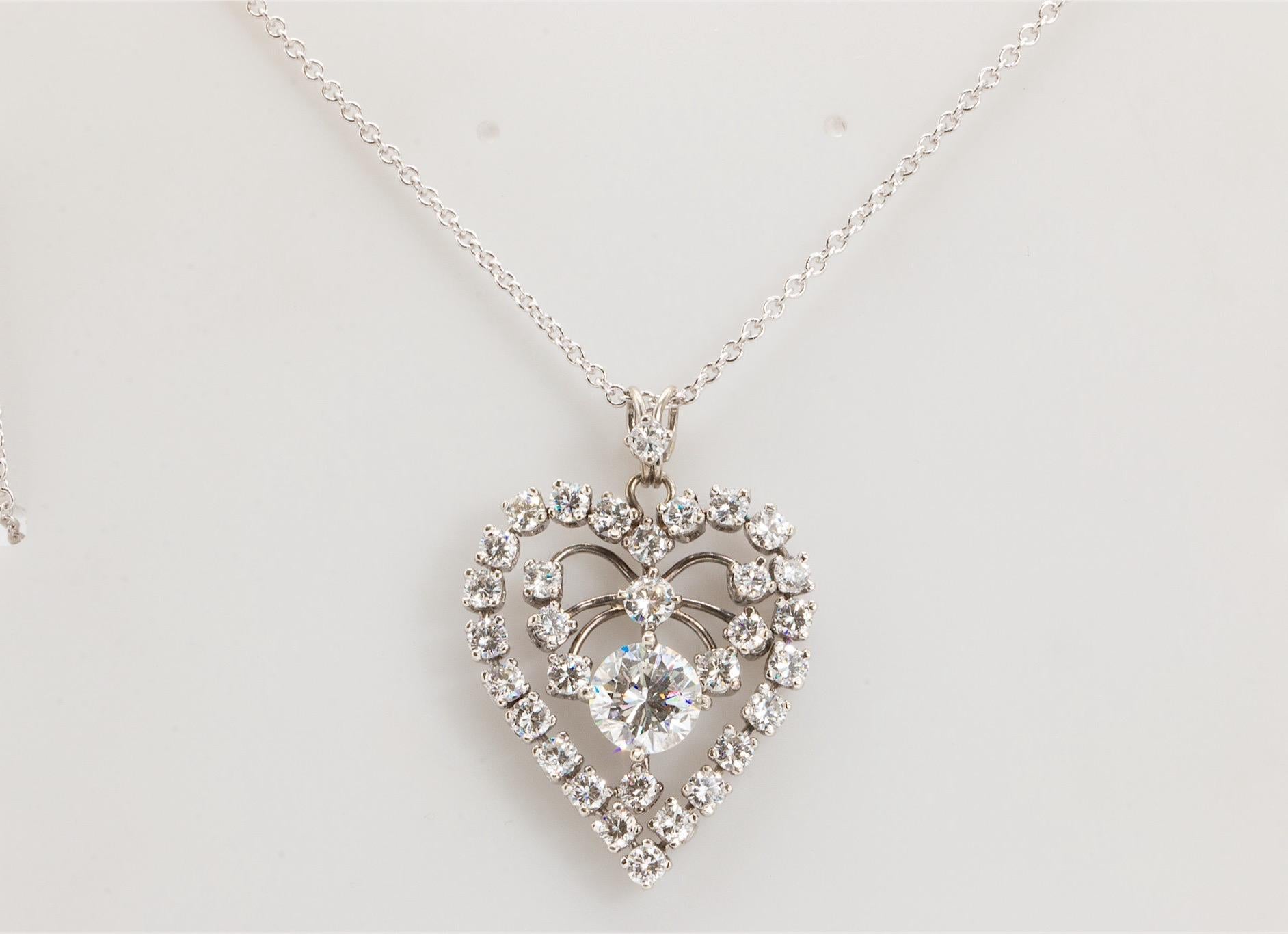 Art Nouveau Vintage 5.14 Ctw. Diamond-Studded Heart Pendant on 14K White Gold Necklace For Sale