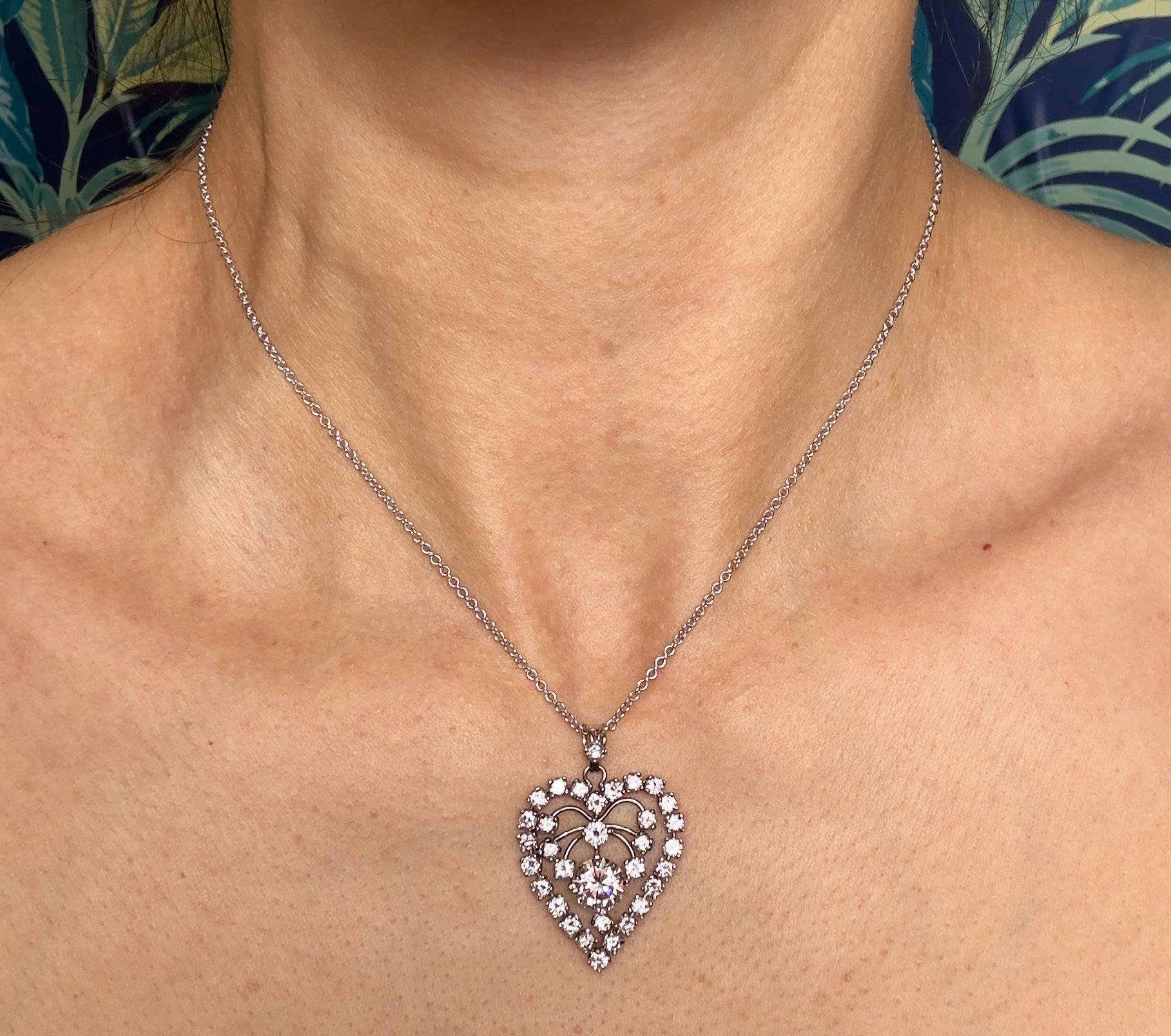 Vintage 5.14 Ctw. Diamond-Studded Heart Pendant on 14K White Gold Necklace In Good Condition For Sale In Houston, TX