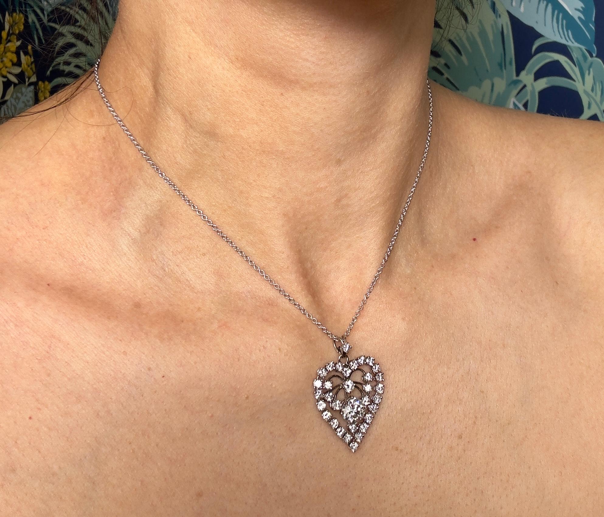 Women's Vintage 5.14 Ctw. Diamond-Studded Heart Pendant on 14K White Gold Necklace For Sale