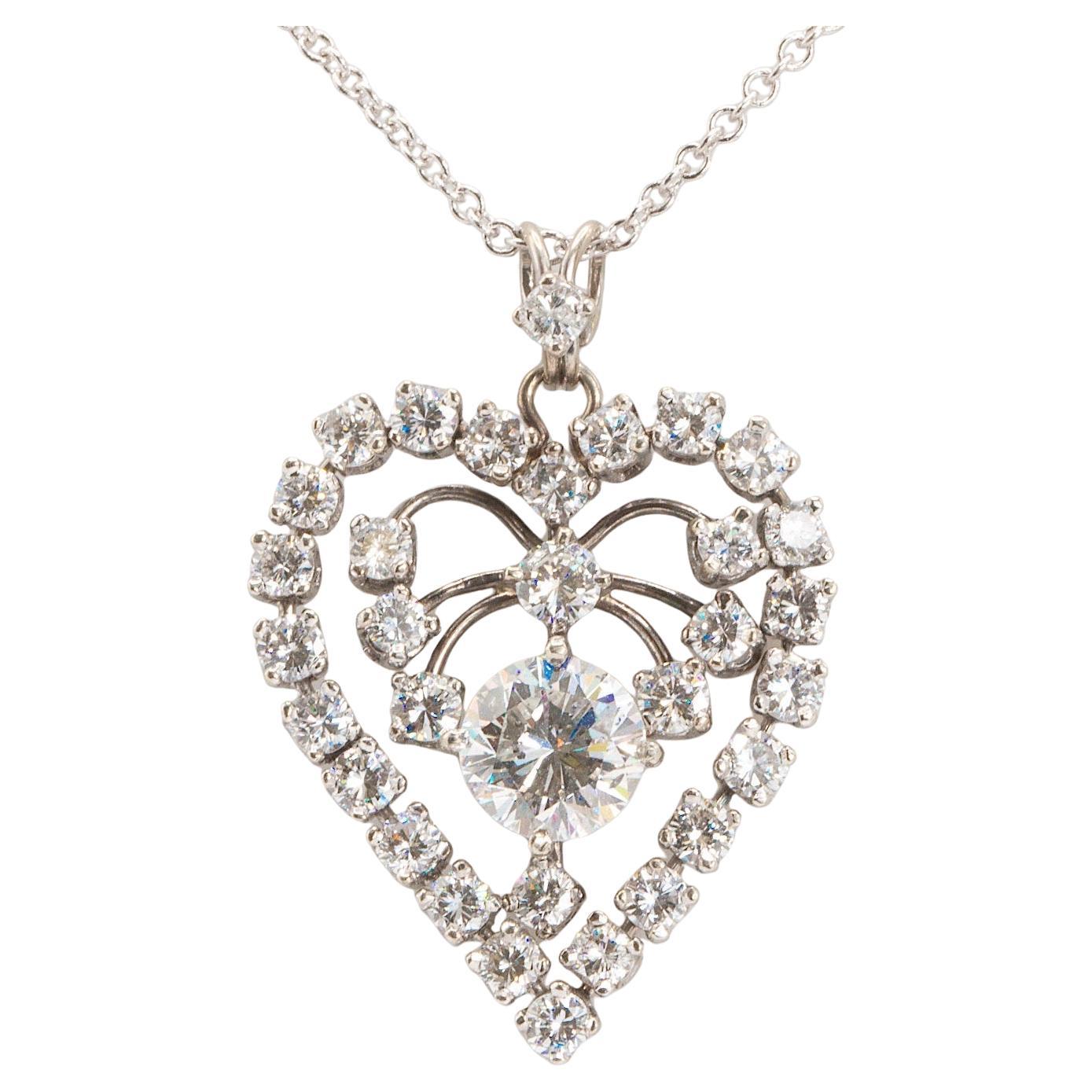 Vintage 5.14 Ctw. Diamond-Studded Heart Pendant on 14K White Gold Necklace For Sale