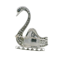 Vintage Diamond Swan Brooch Baroque Pearl Palladium ~1.28ctw