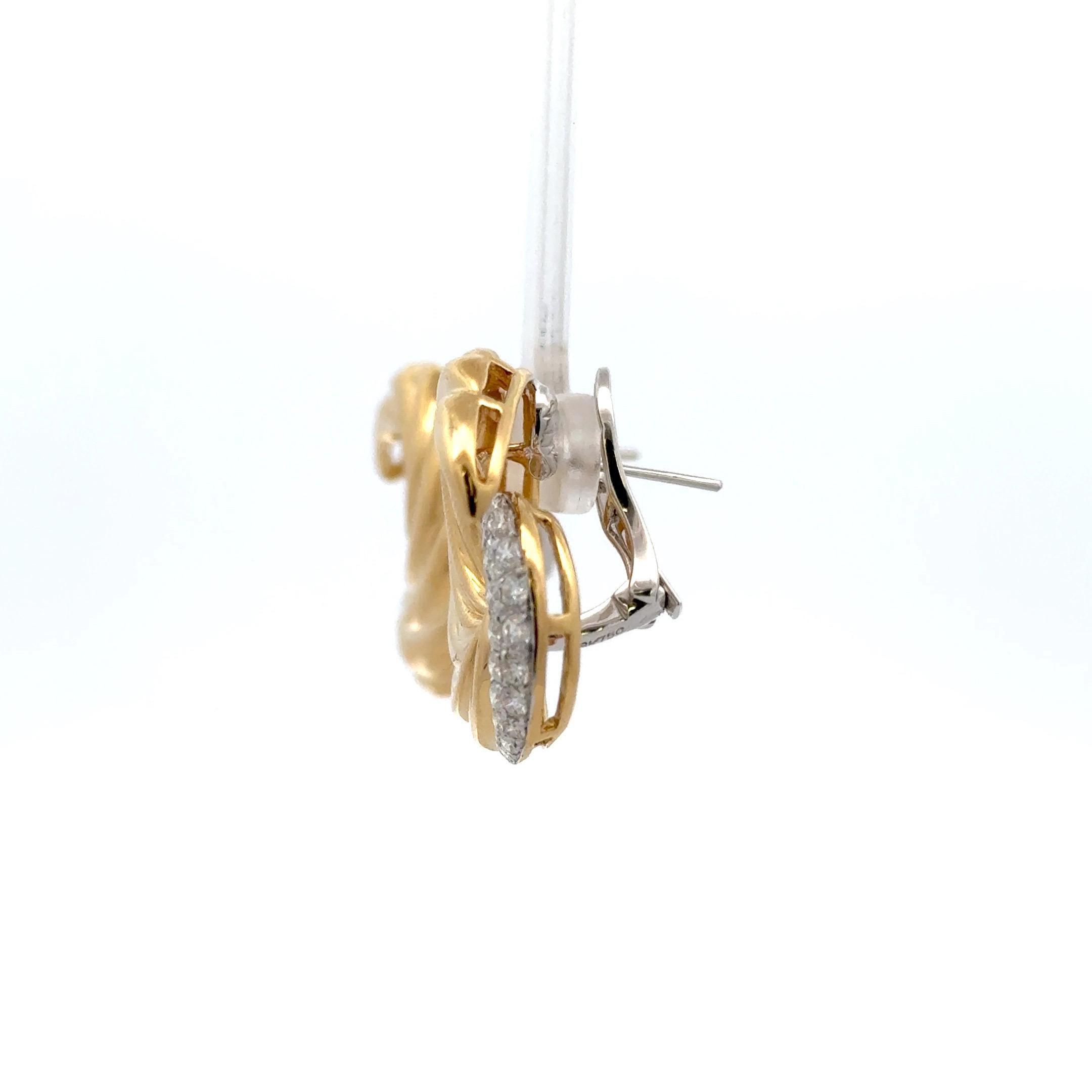 Contemporary Vintage Diamond Swirl Earrings 1.37 Carats 18 Karat Yellow Gold For Sale