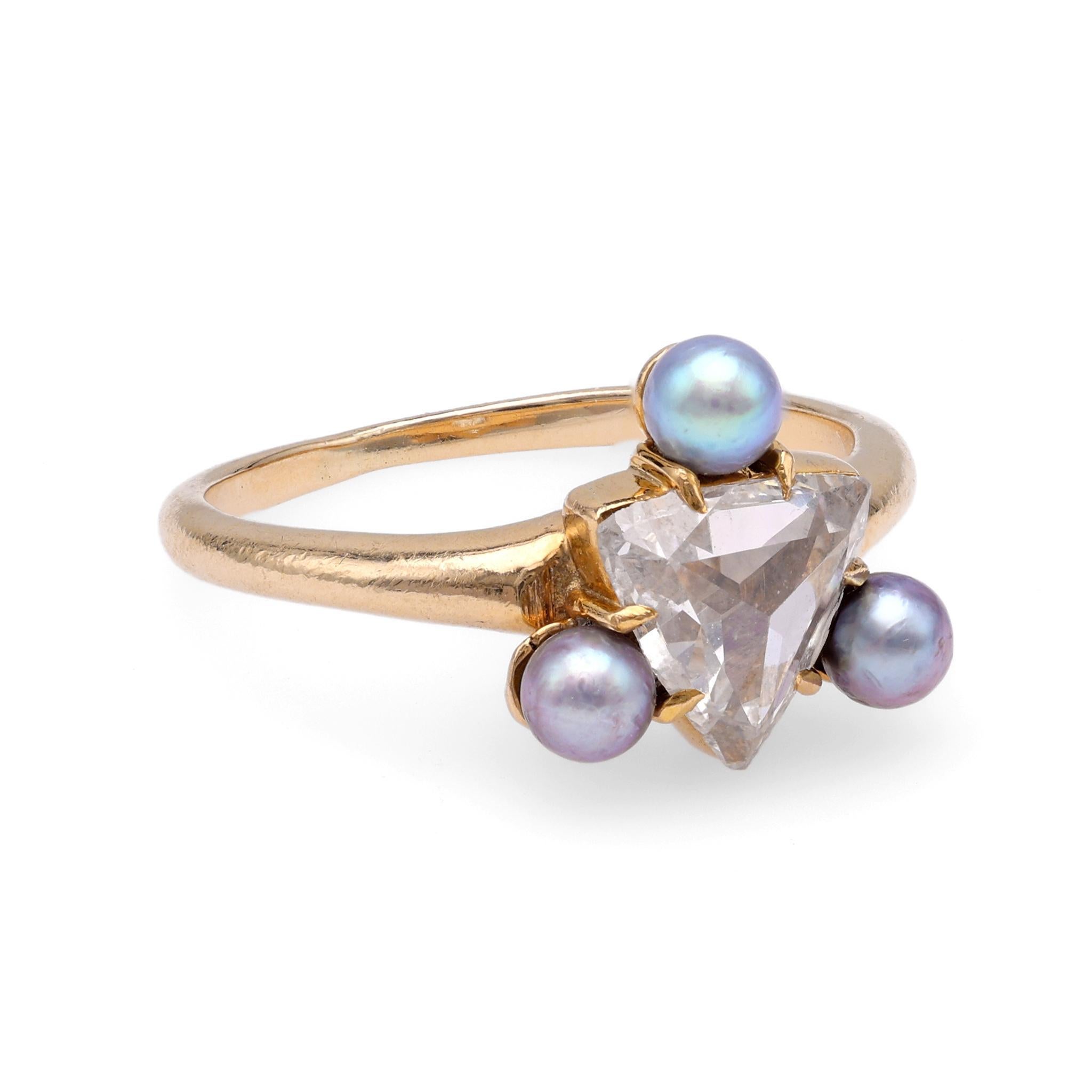 Rose Cut Vintage Diamond Tahitian Pearl Yellow Gold Ring For Sale