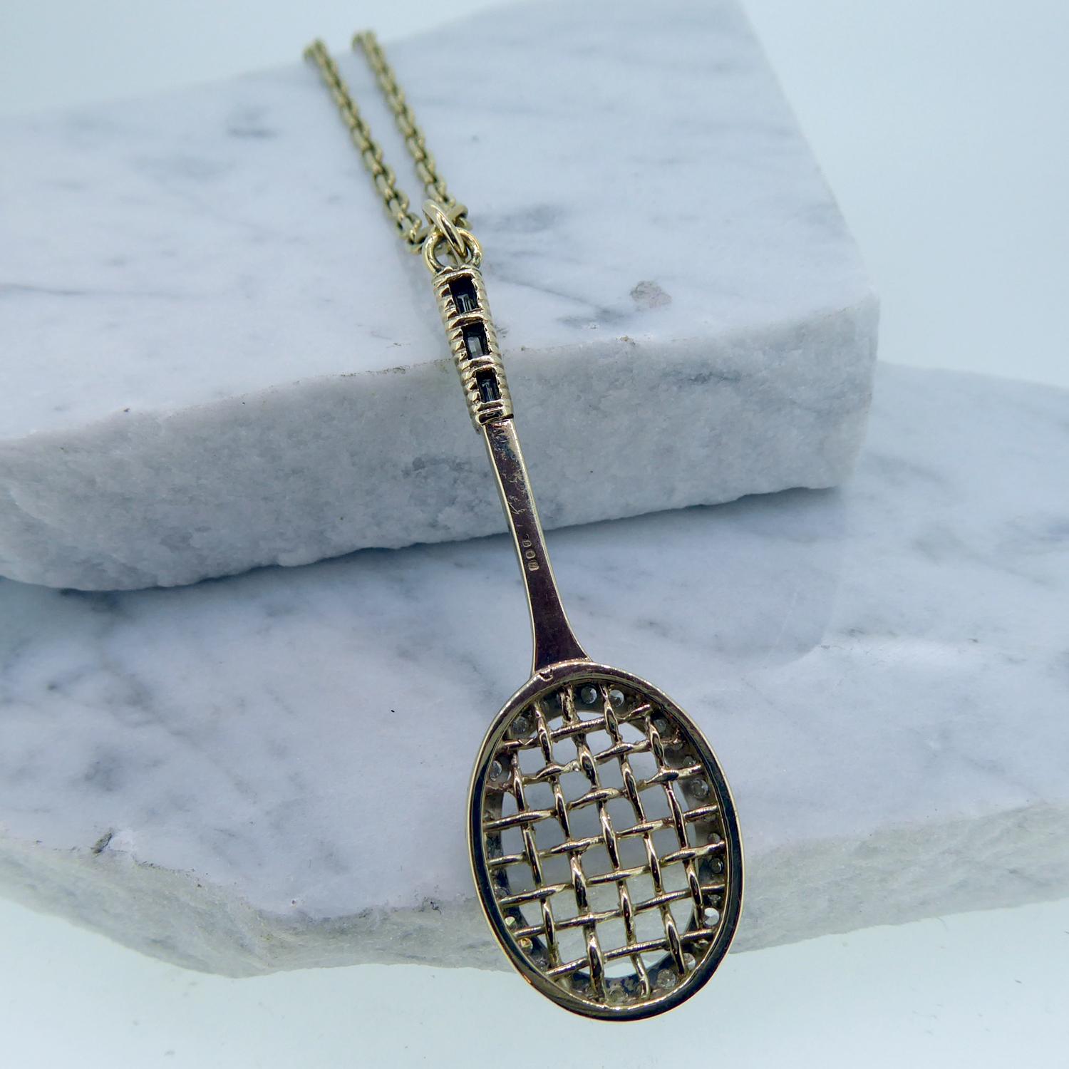 Modern Vintage Diamond Tennis Racquet Pendant and Chain, London, 1976, Yellow Gold