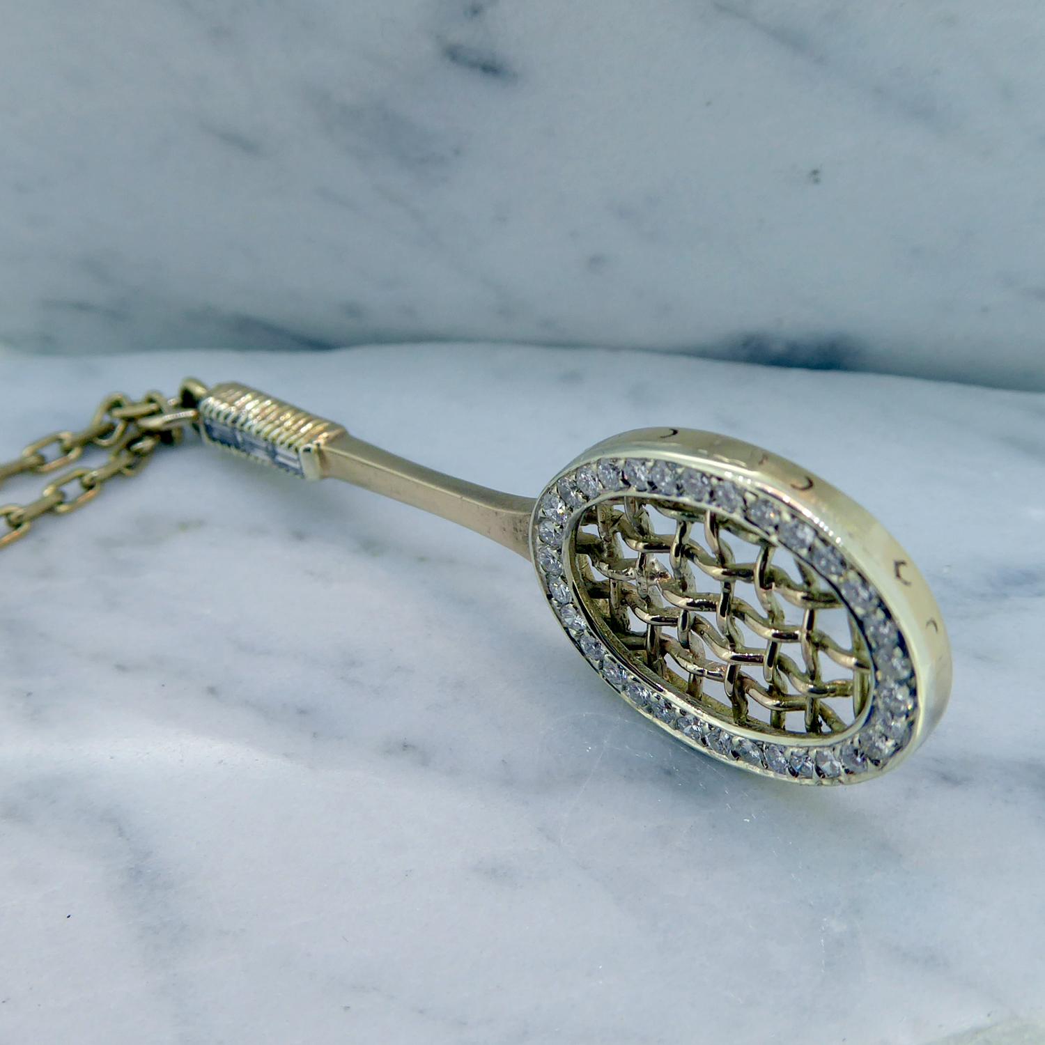 Vintage Diamond Tennis Racquet Pendant and Chain, London, 1976, Yellow Gold In Good Condition In Yorkshire, West Yorkshire