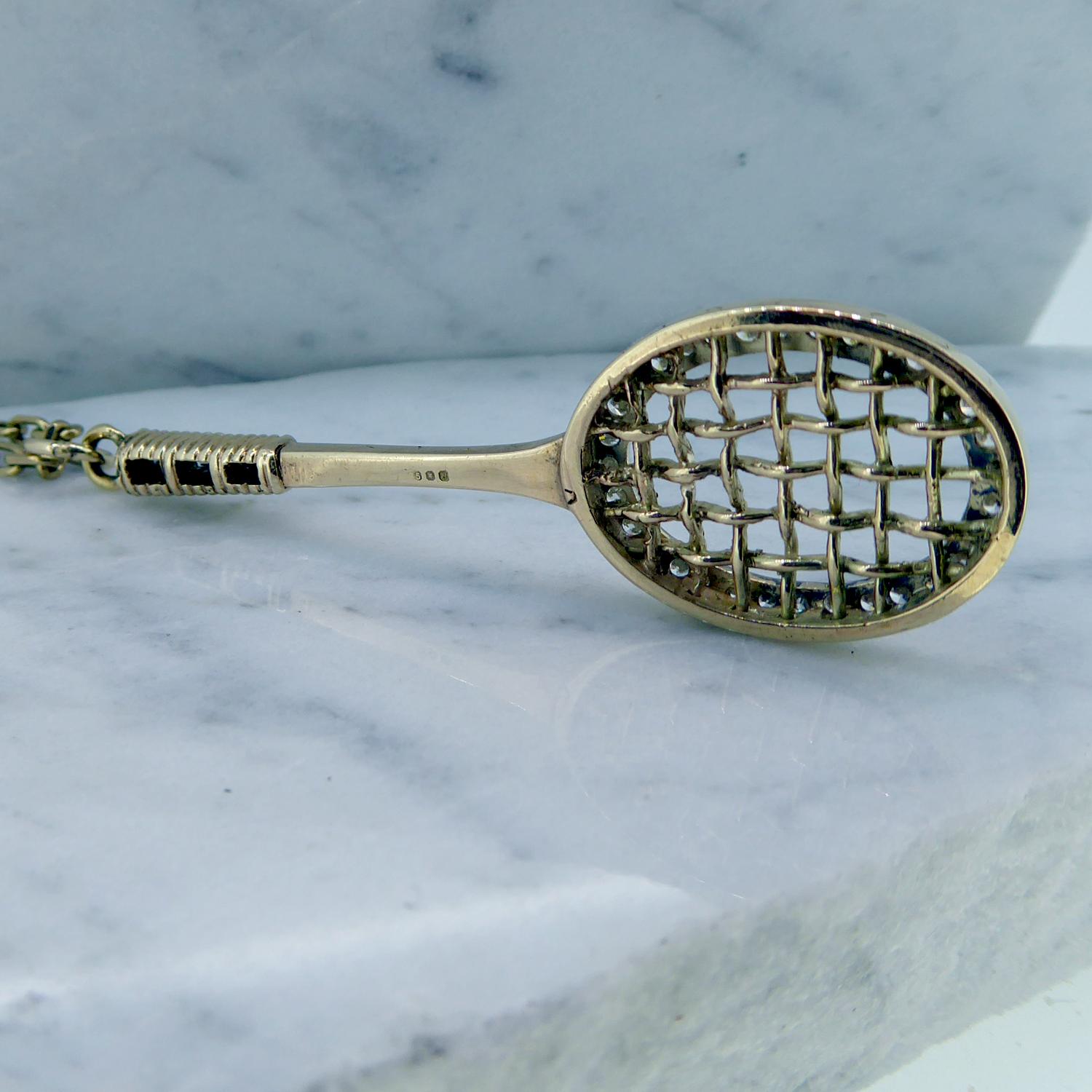 Women's or Men's Vintage Diamond Tennis Racquet Pendant and Chain, London, 1976, Yellow Gold