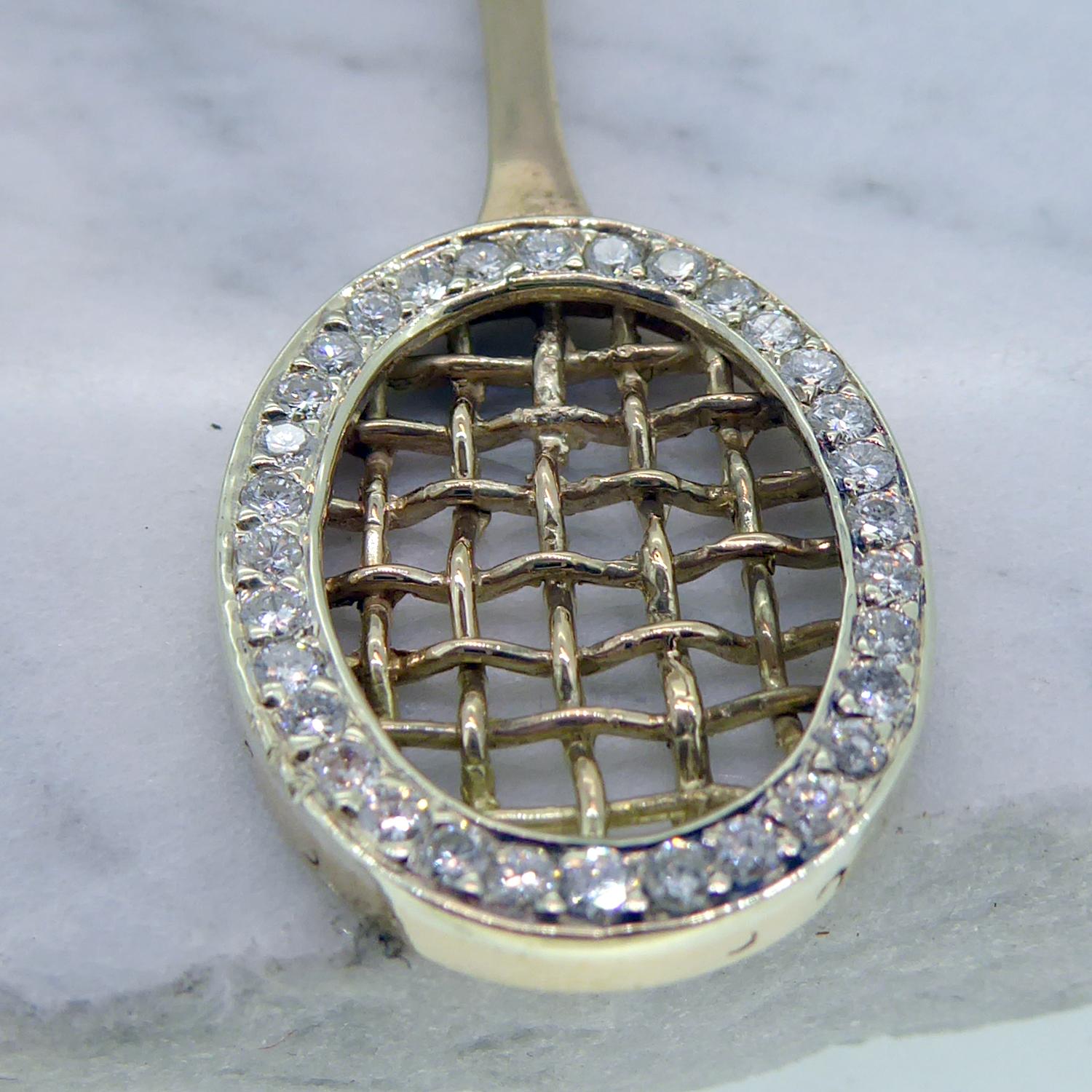 Vintage Diamond Tennis Racquet Pendant and Chain, London, 1976, Yellow Gold 3