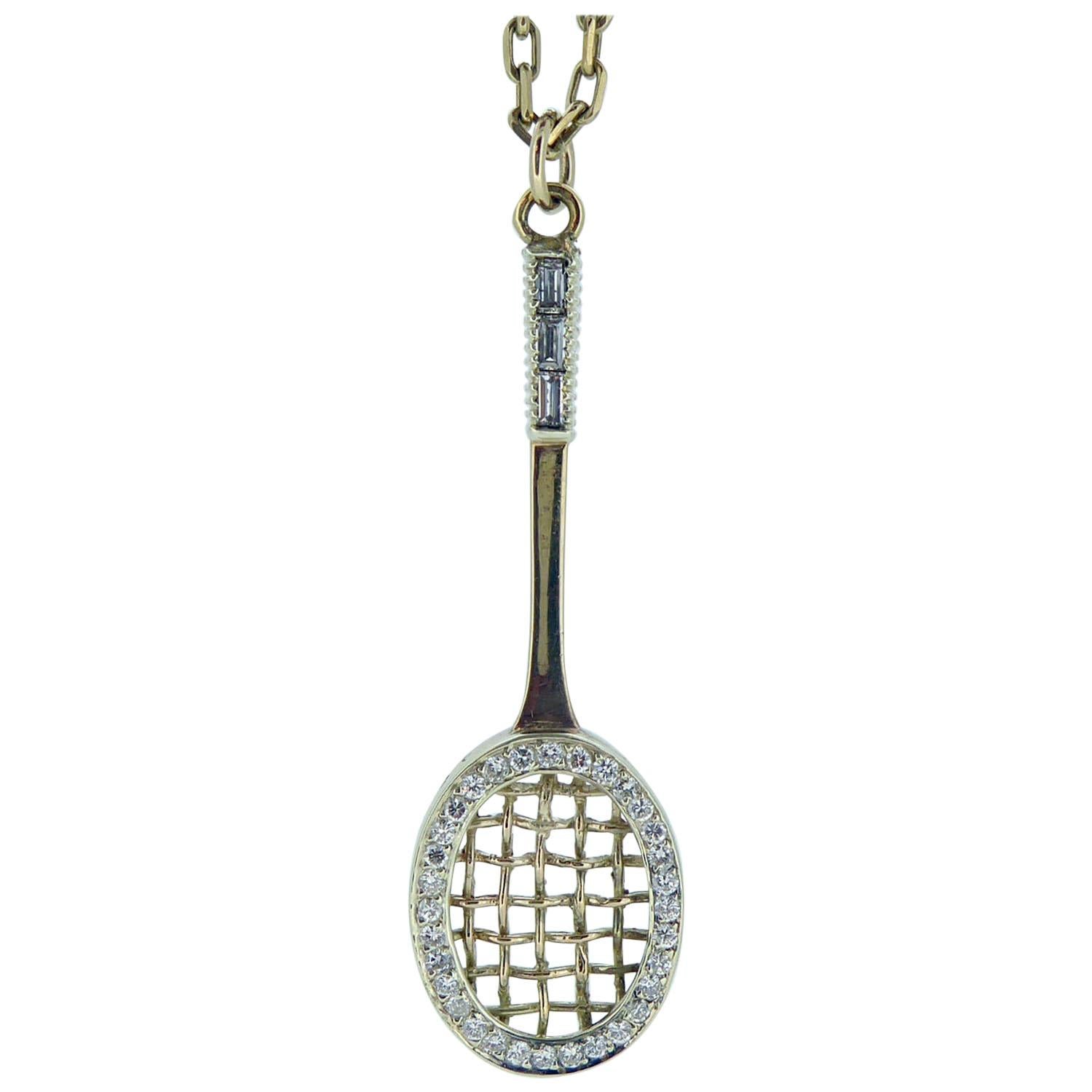 Vintage Diamond Tennis Racquet Pendant and Chain, London, 1976, Yellow Gold