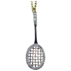 Vintage Diamond Tennis Racquet Pendant and Chain, London, 1976, Yellow Gold