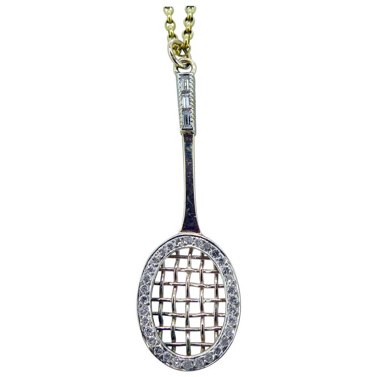 Vintage Diamond Tennis Racquet Pendant and Chain, London, 1976, Yellow